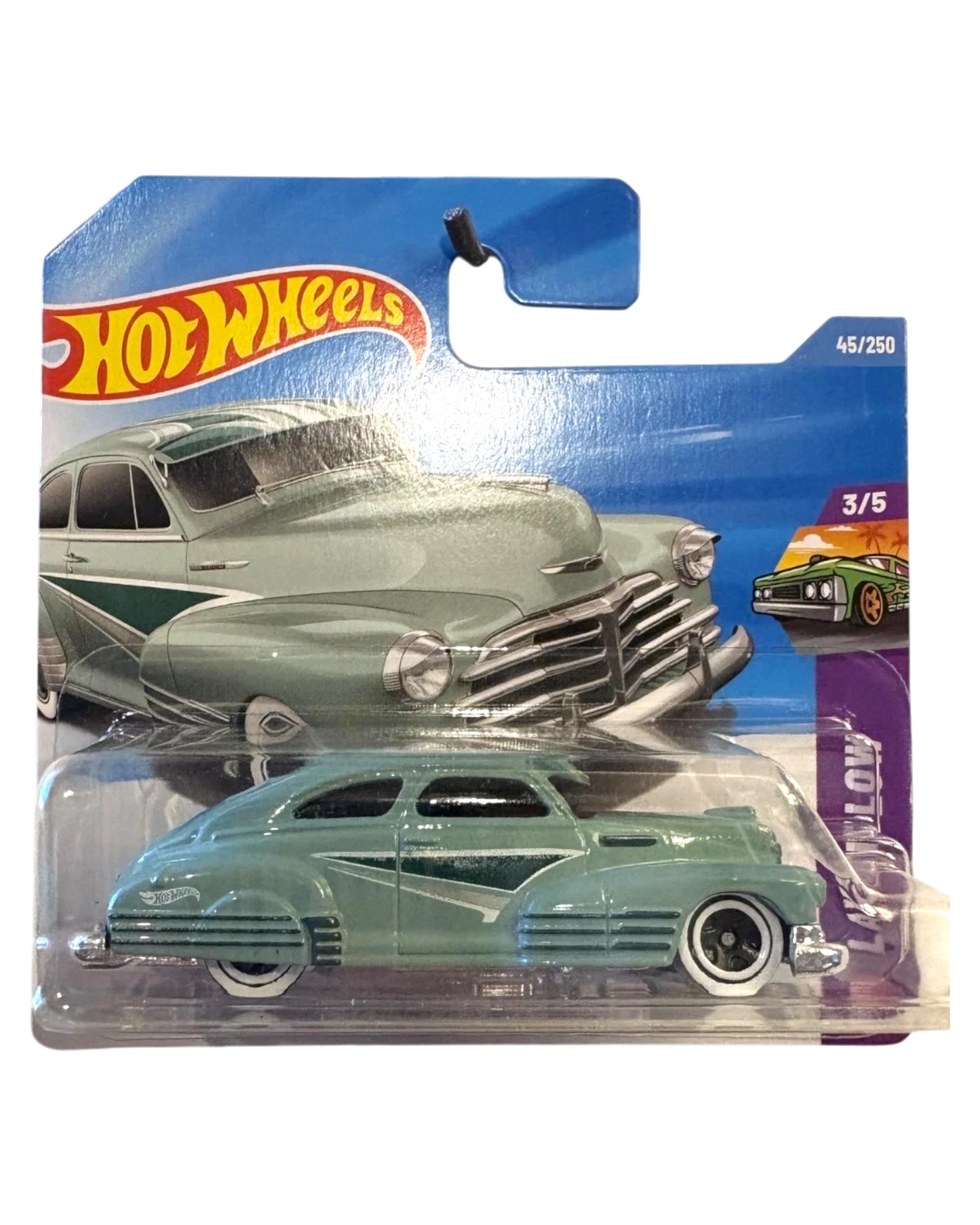 More Than Diecast green 1947 Chevy Fleetline Hot Wheels toy car with white wall tires and dark green accents.