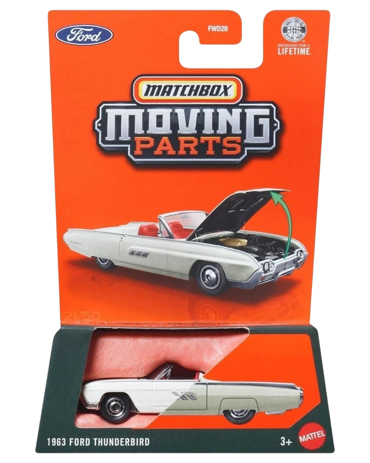More Than Diecast 1963 Ford Thunderbird Matchbox Moving Parts die-cast car in white and silver on blister card
