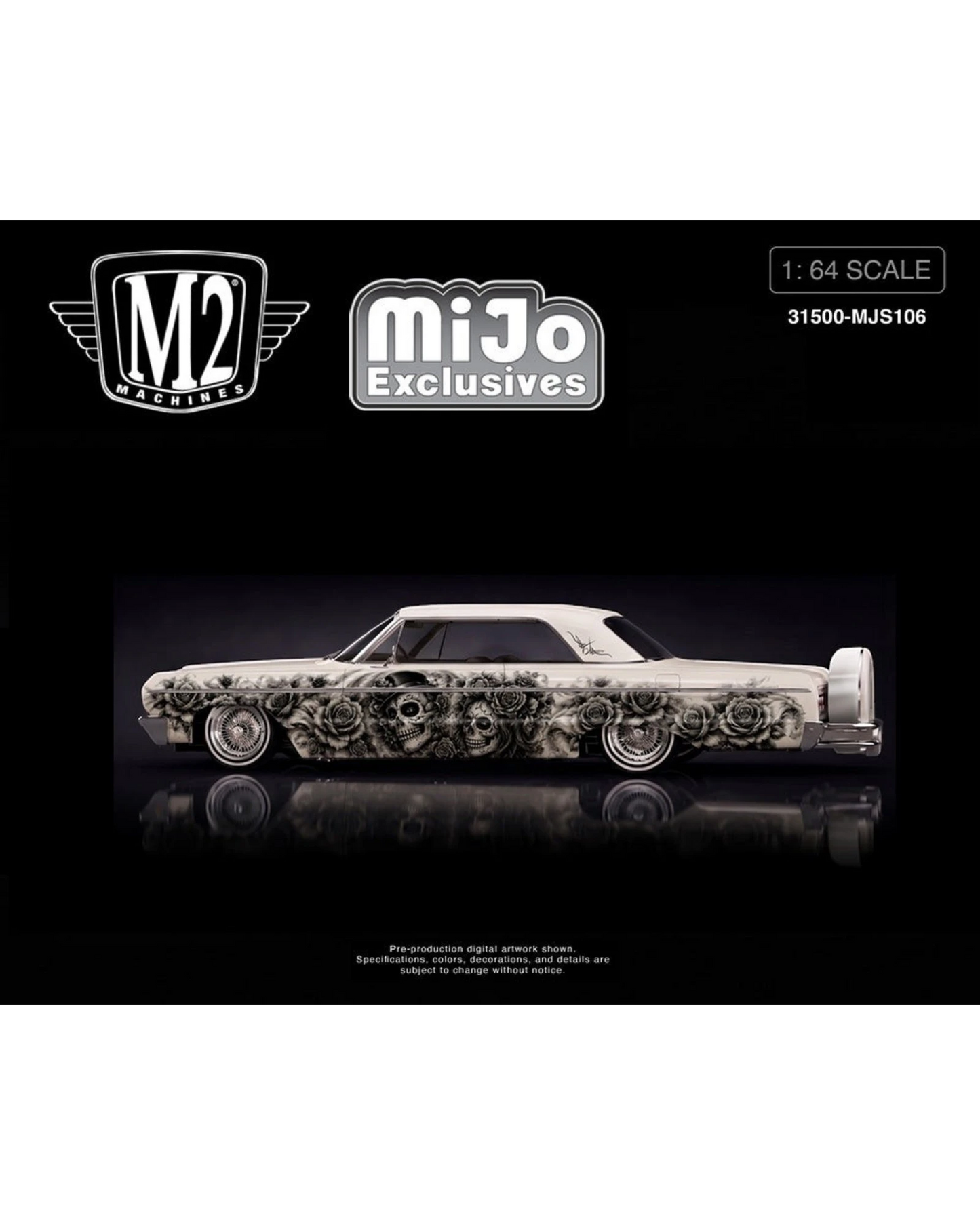 More Than Diecast 1:64 scale 1964 Chevrolet Impala SS lowrider in pearl white with Dias De Los Muertos skull graphics.