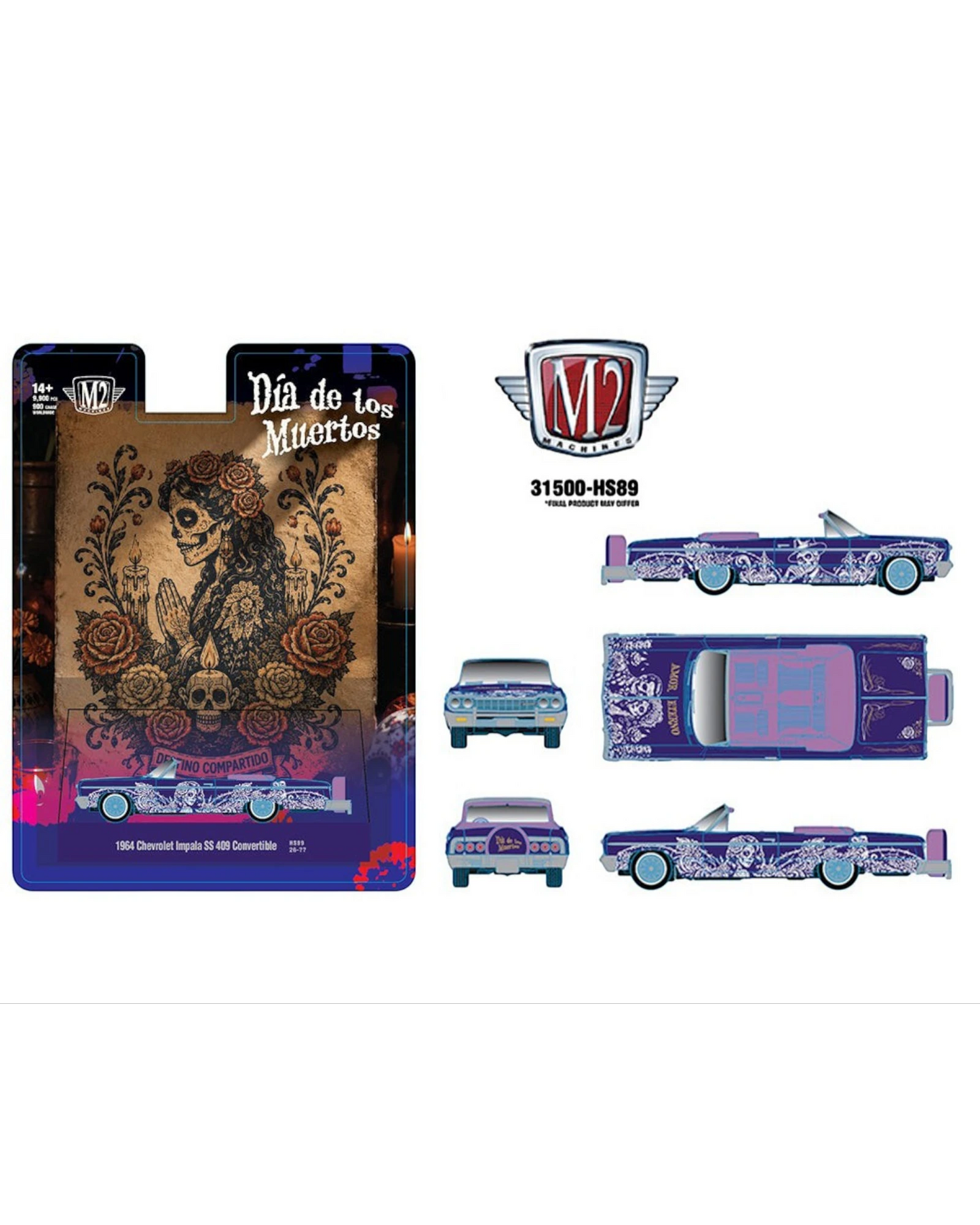 More Than Diecast M2 Machines 1964 Chevrolet Impala SS 409 convertible in purple with Dia De Los Muertos graphics.