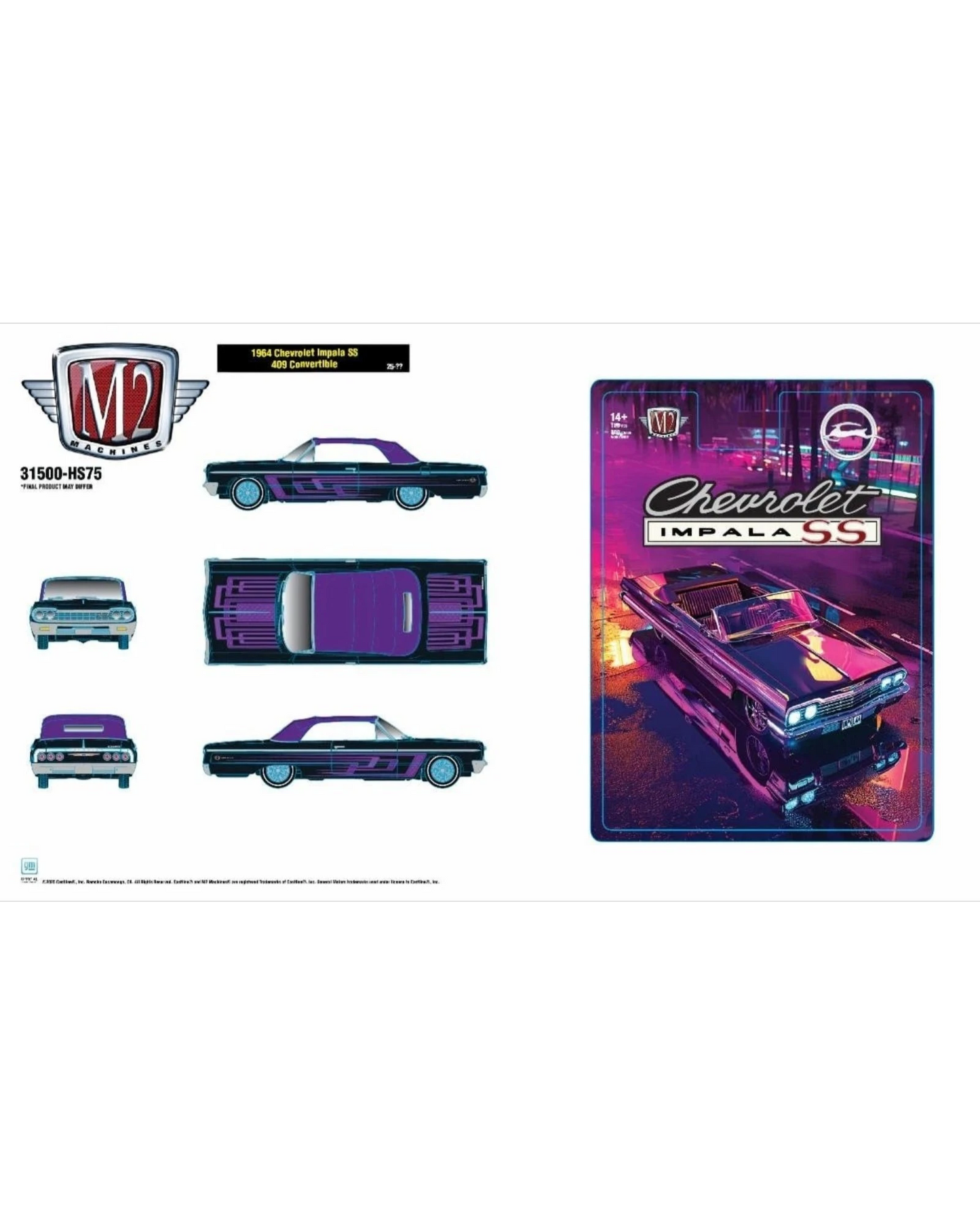 More Than Diecast 1964 Chevy Impala SS 409 convertible 1:64 scale model in black and purple with chrome details.