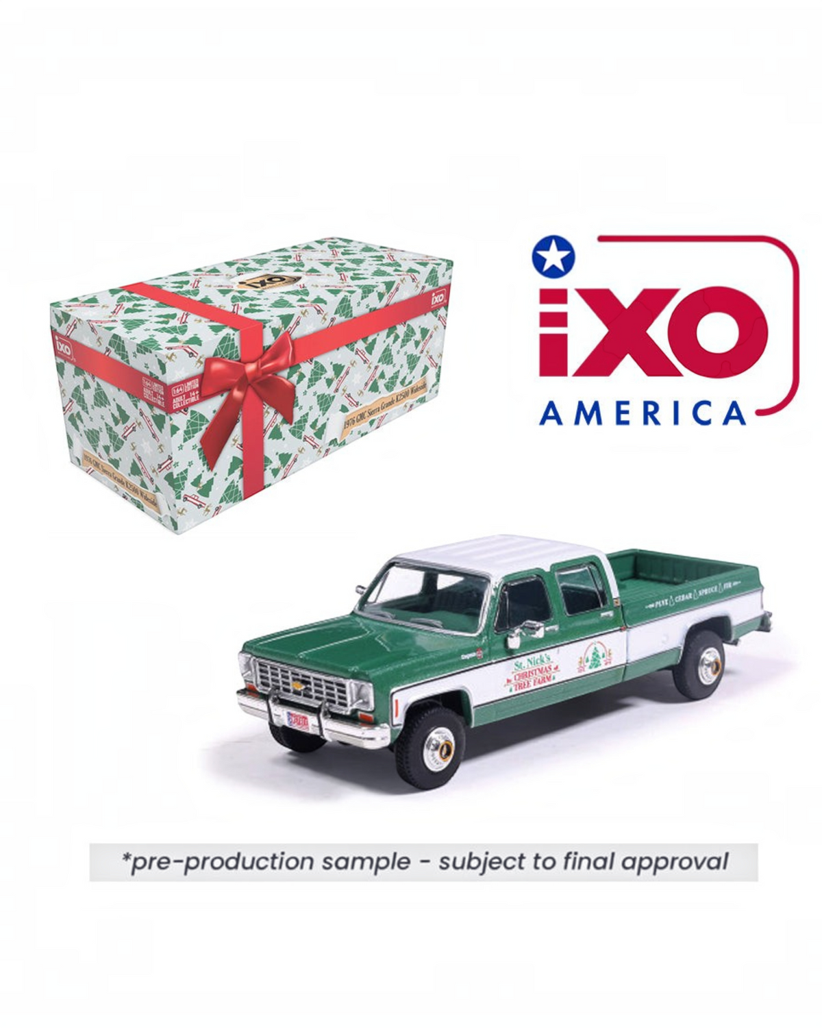 More Than Diecast IXO Models 1:64 1976 GMC Sierra Grande 2500 Christmas edition truck with green and white paint.