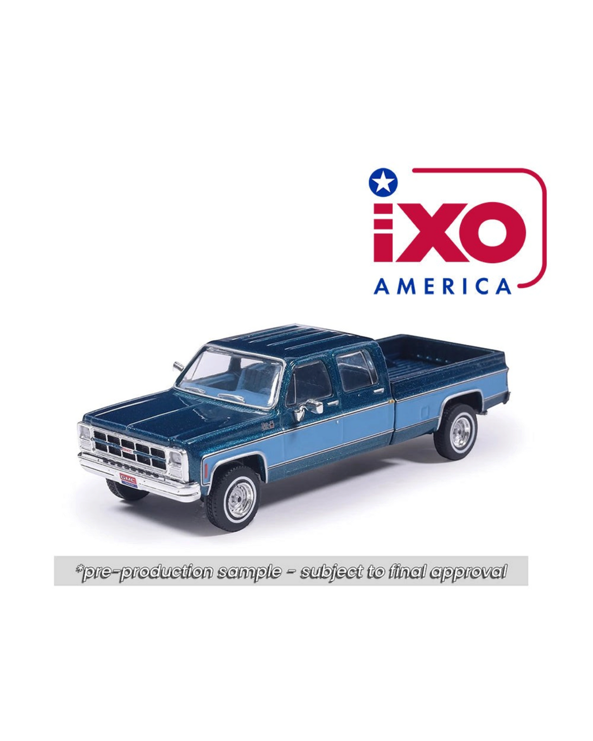 More Than Diecast 1:64 scale 1980 GMC High Sierra K2500 crew cab truck in dark and medium blue metallic two-tone paint.