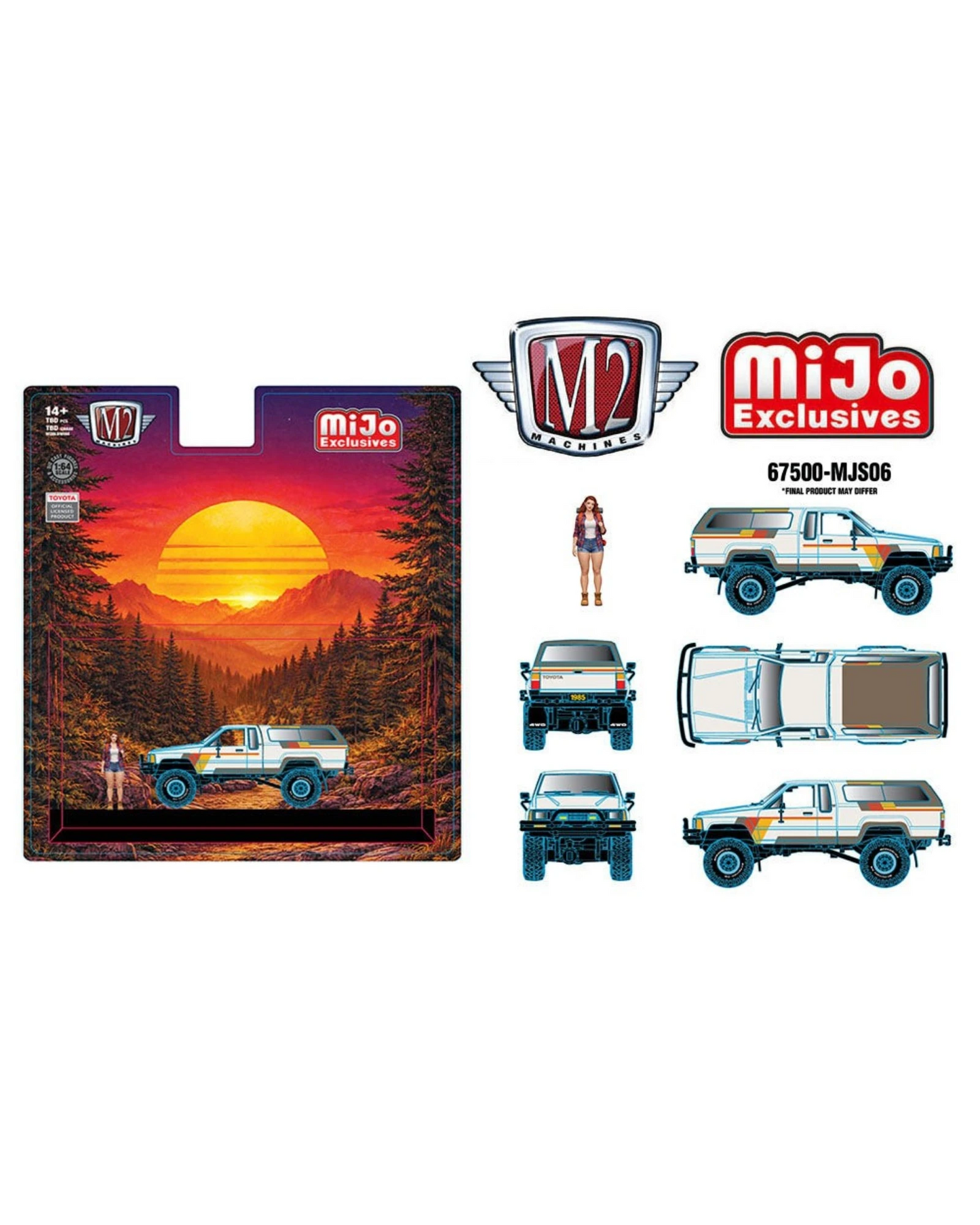 More Than Diecast M2 Machines 1985 Toyota Truck 4x4 with camper shell and female camper figure, 1:64 scale die-cast.