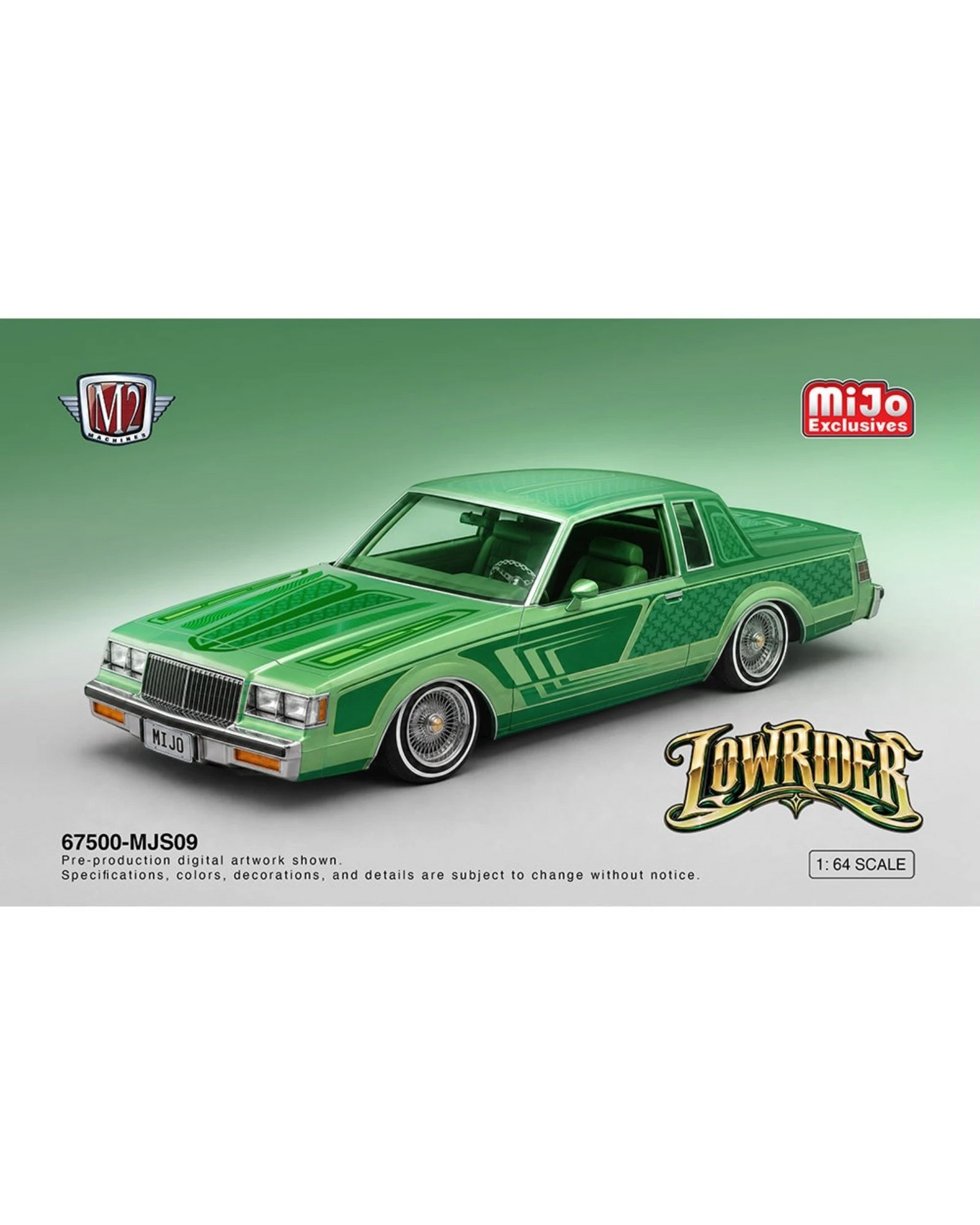 More Than Diecast M2 Machines 1:64 scale 1987 Buick Regal lowrider model car in green with custom paint and wire wheels
