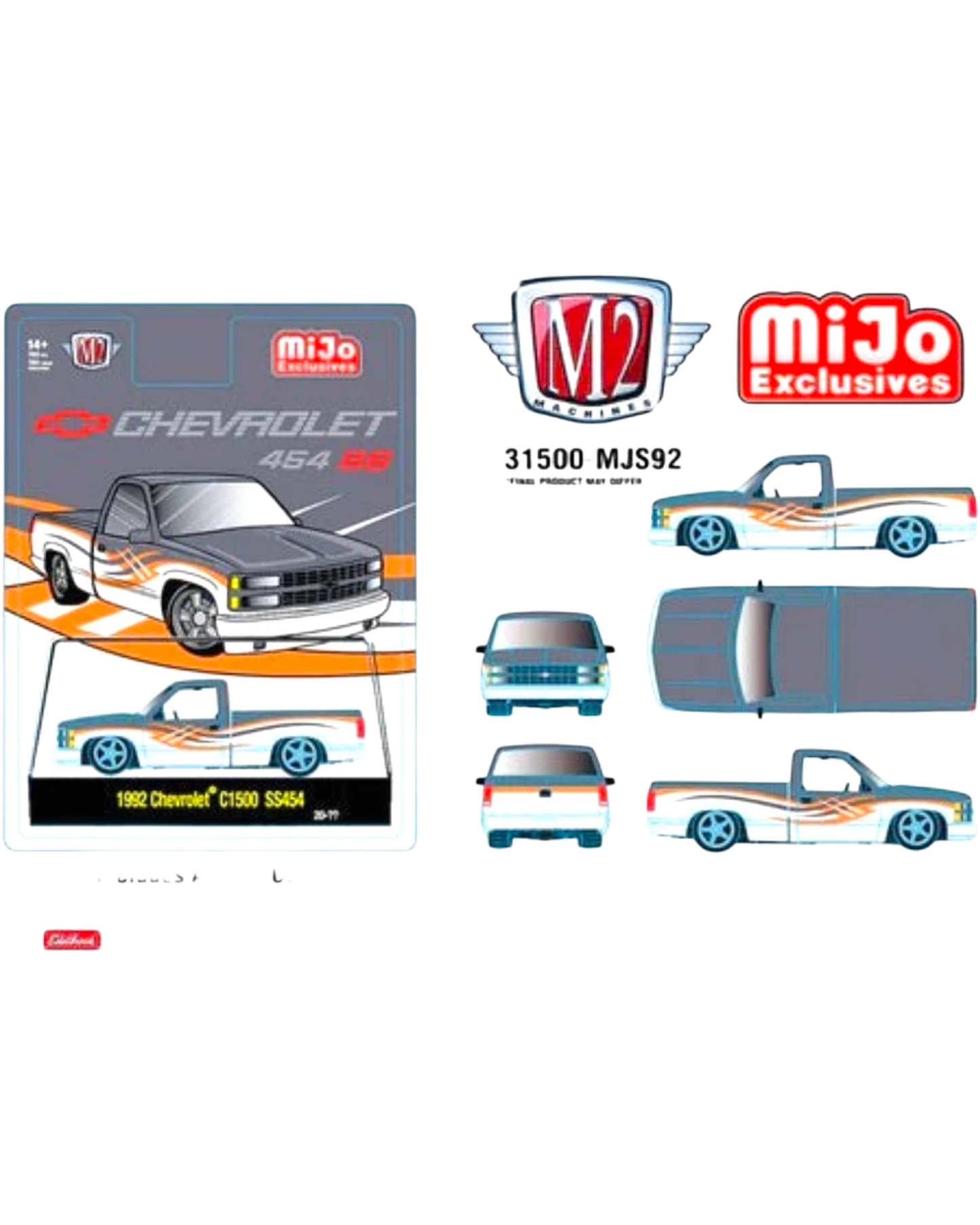 More Than Diecast M2 Machines Mijo Exclusive 1992 Chevy C1500 SS 454 die-cast truck in packaging with multi-view art
