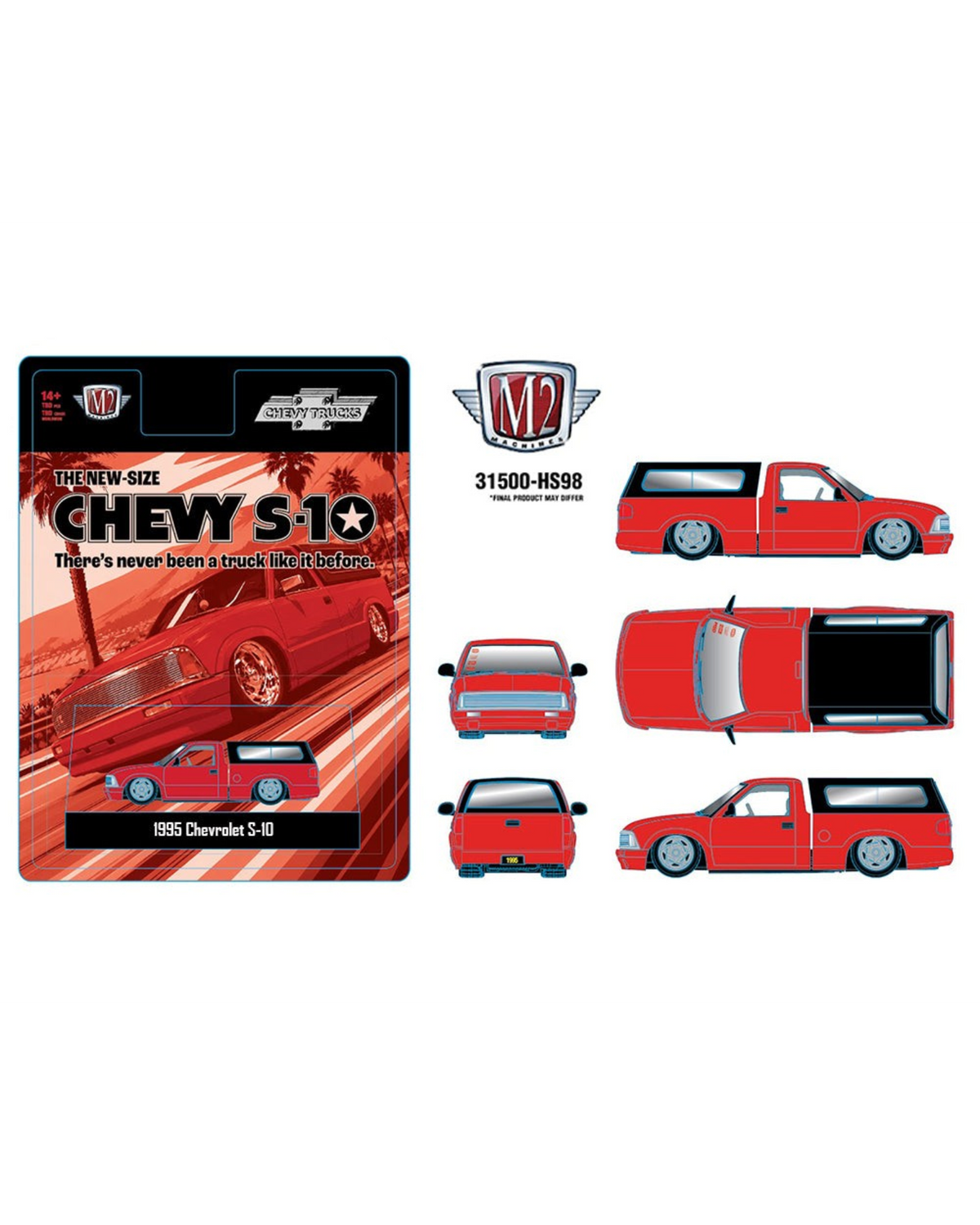 More Than Diecast 1:64 scale 1995 Chevrolet S10 model truck in red with a black camper shell and custom wheels.