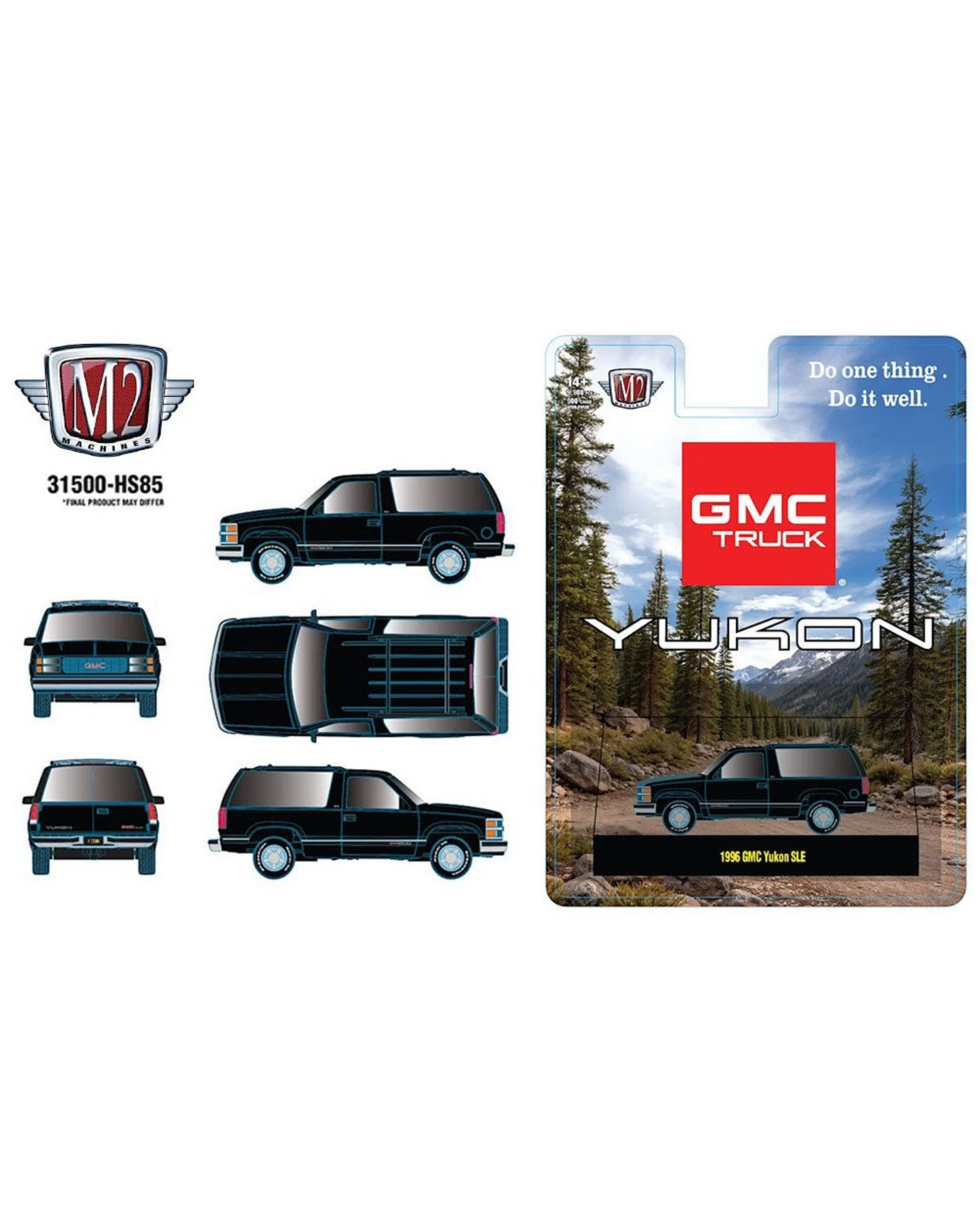 More Than Diecast 1:64 scale black 1996 GMC Yukon SLE die-cast model with detailed interior and exterior.