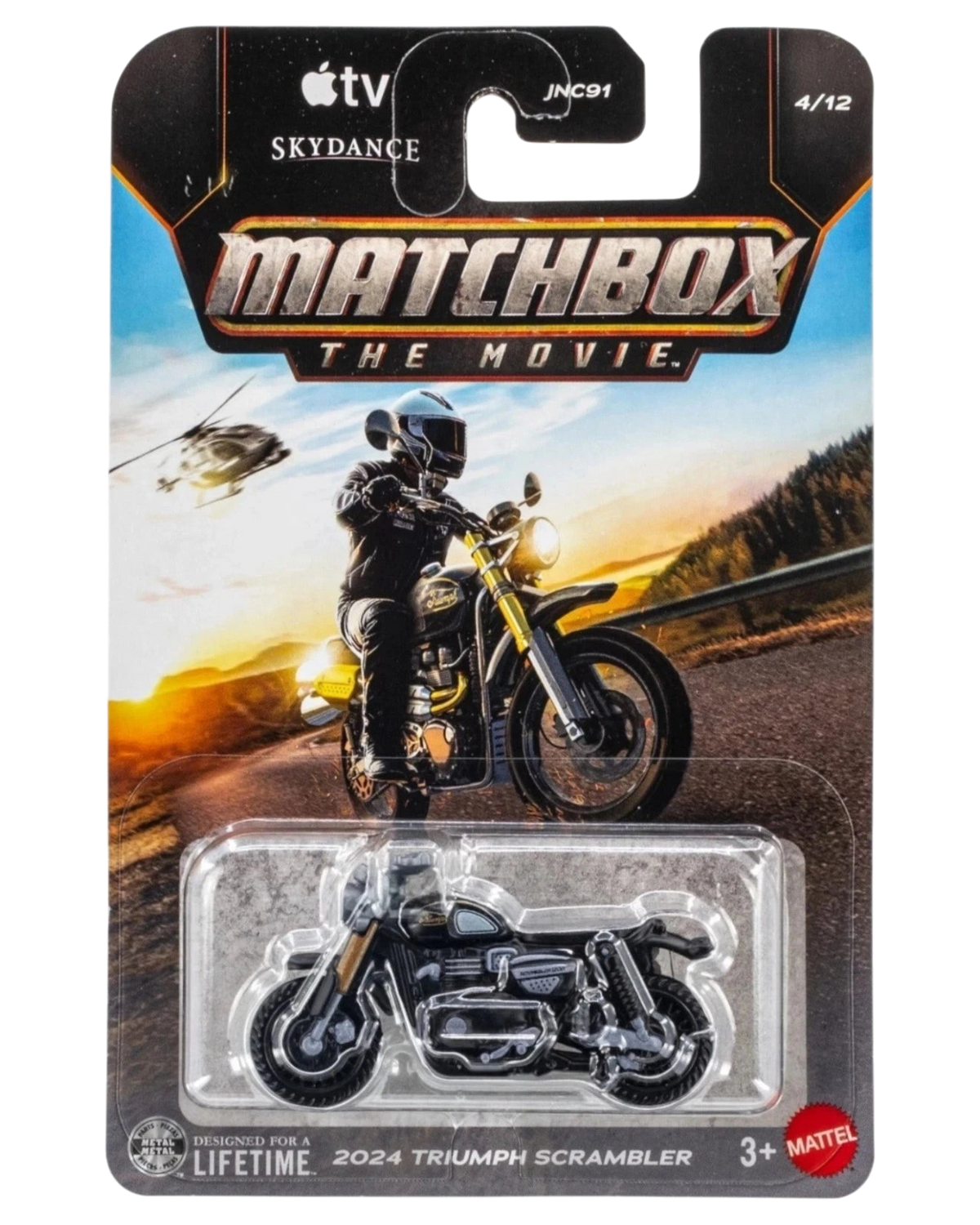 More Than Diecast 1:64 scale 2024 Triumph Scrambler die-cast motorcycle in Matchbox The Movie packaging