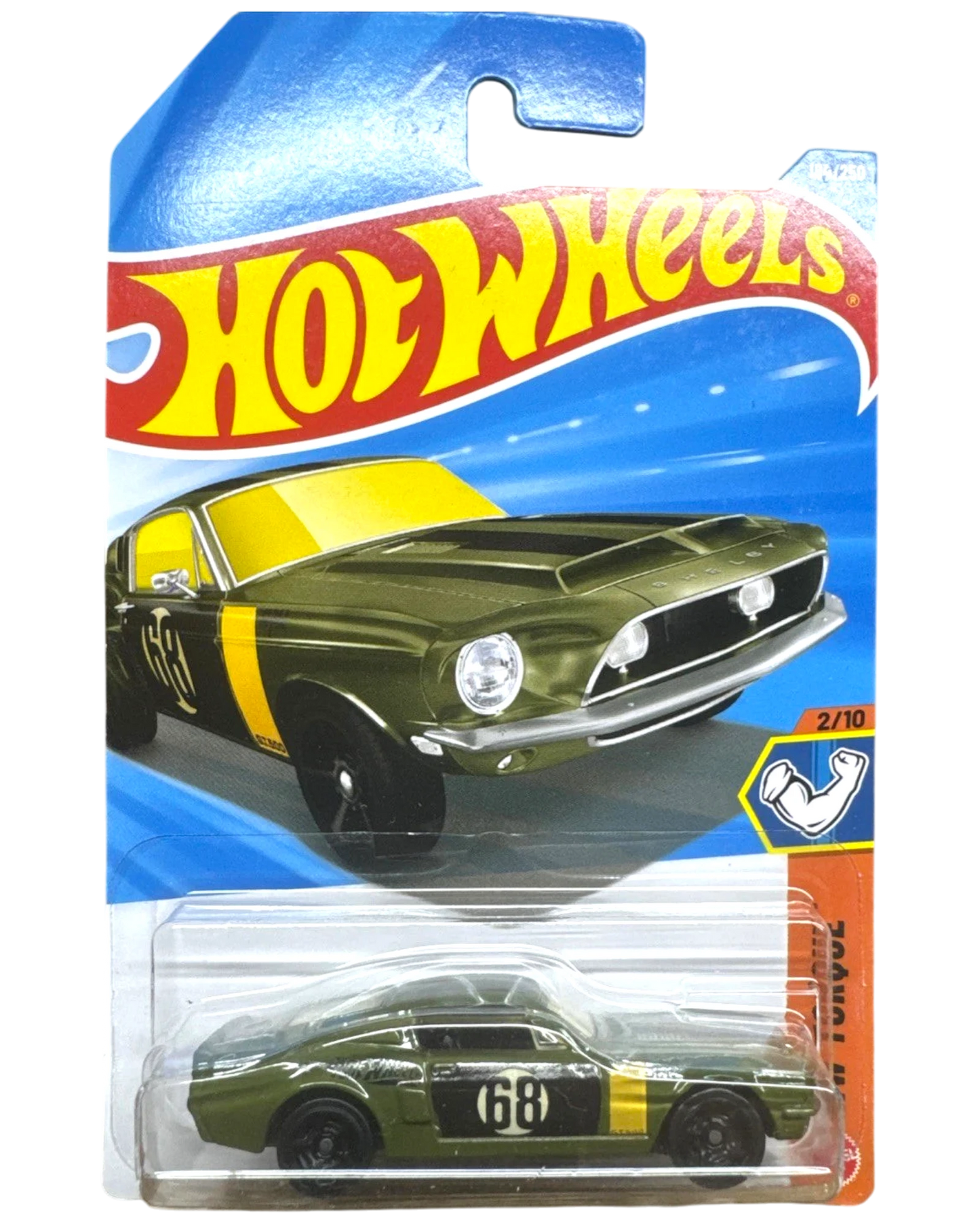 More Than Diecast 2026 Hot Wheels 68 Shelby GT500 diecast car in olive green with yellow racing stripes