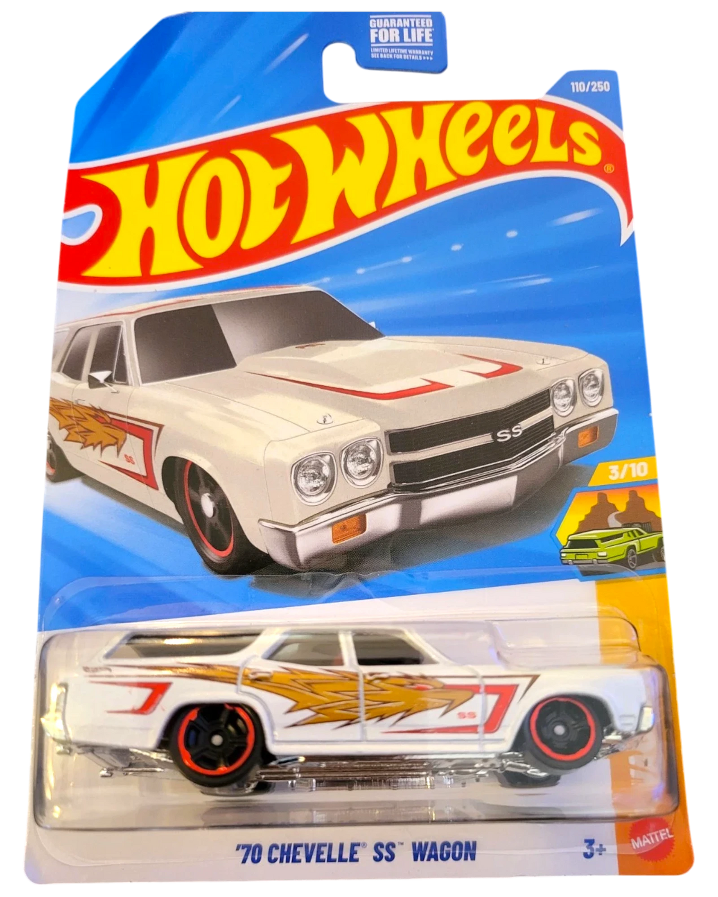 More Than Diecast Hot Wheels '70 Chevelle SS Wagon 1:64 scale die-cast model car, white with orange and gold dragon graphics.