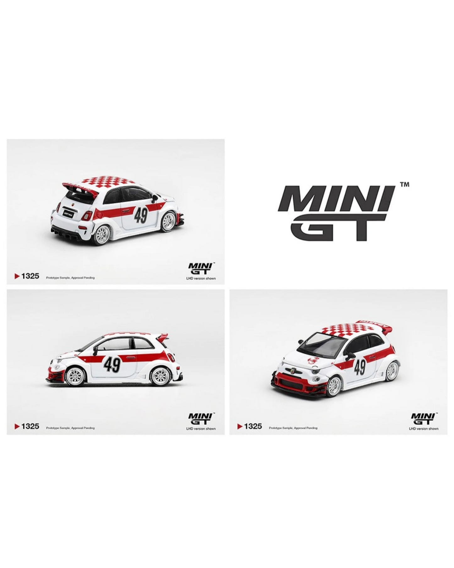 More Than Diecast Mini GT 1:64 Abarth 595 LB-Works x Abas Works 1000 TC tribute diecast car in white with red livery.