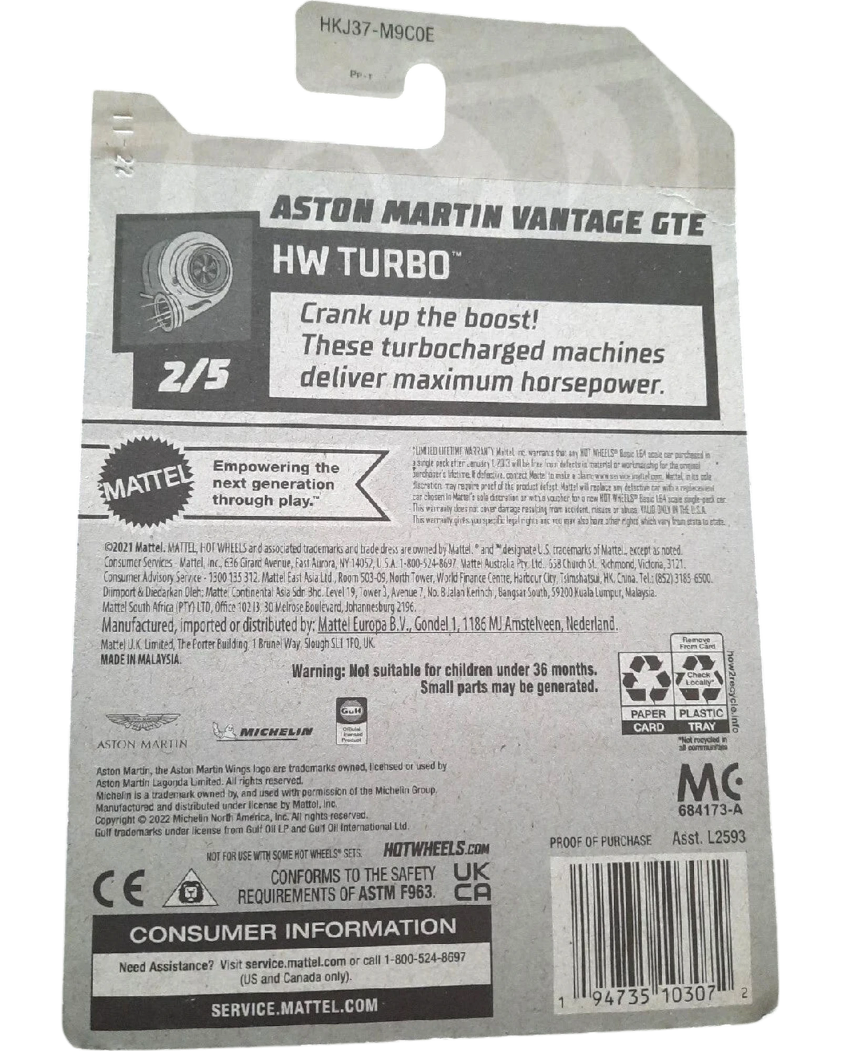 More Than Diecast Hot Wheels Aston Martin Vantage GTE packaging back showing product details and safety information