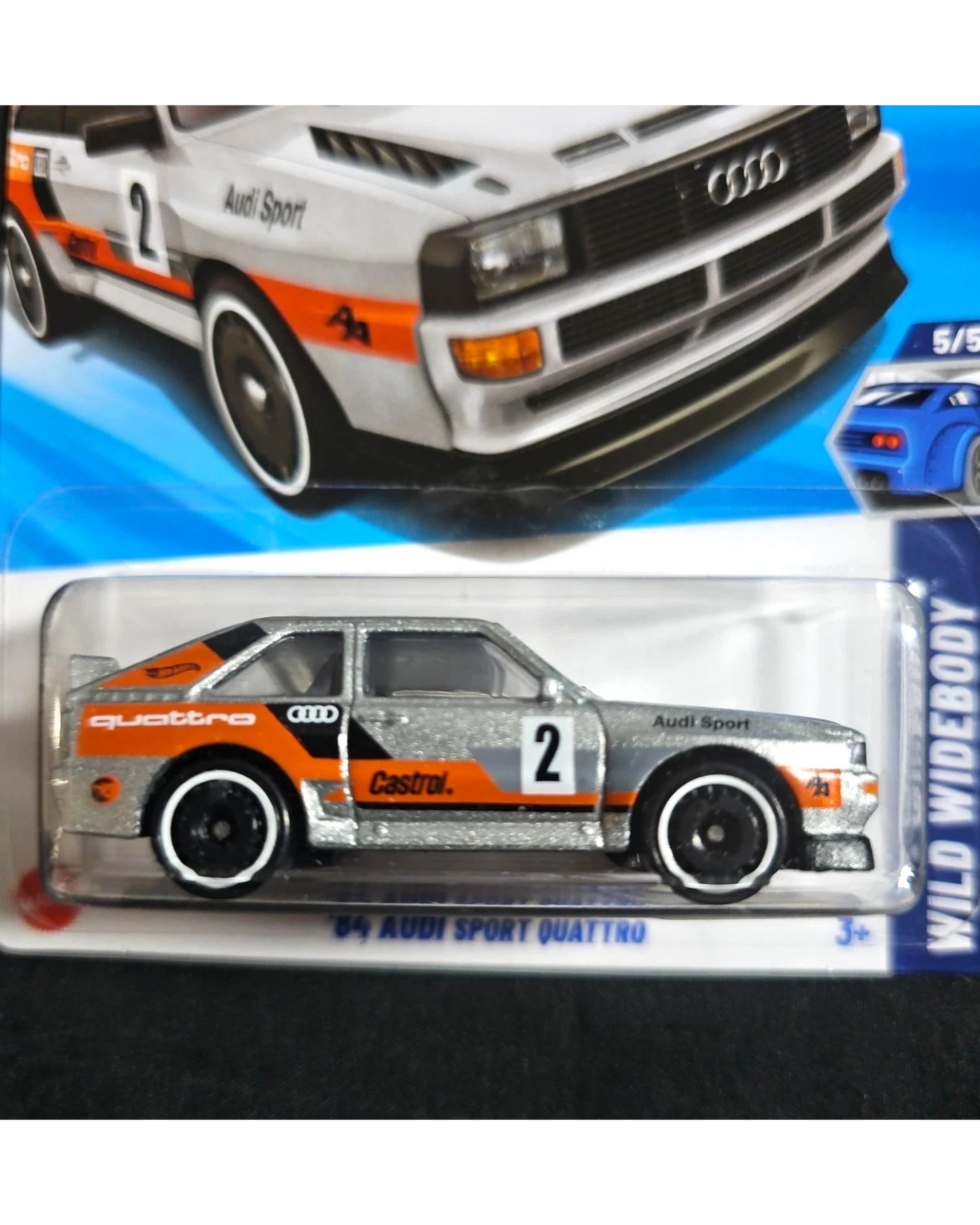 More Than Diecast Hot Wheels 84 Audi Sport Quattro Treasure Hunt rally car in silver with orange and black racing livery