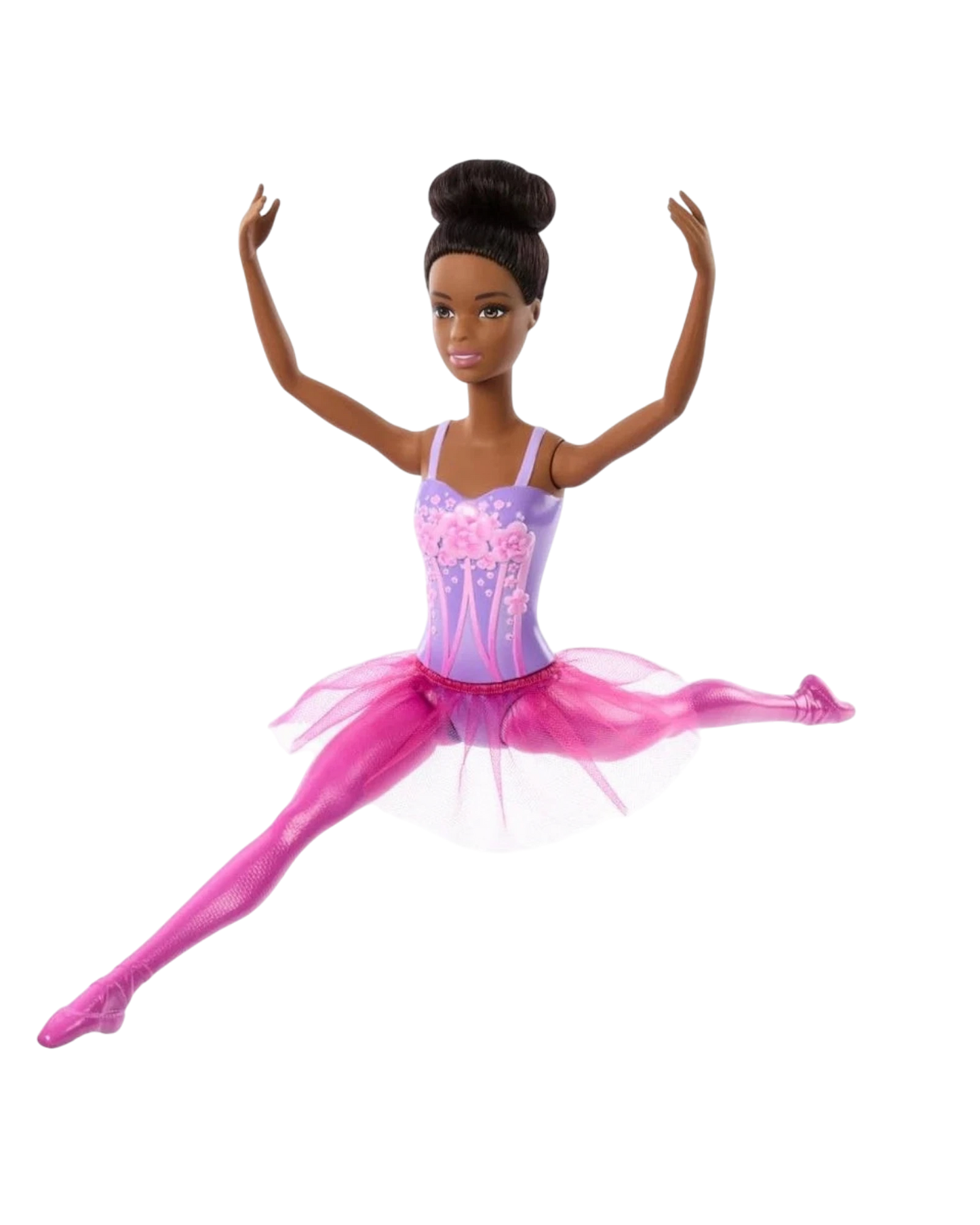More Than Diecast Barbie Ballerina Doll in a purple tutu with pink ballet shoes, performing a split leap.