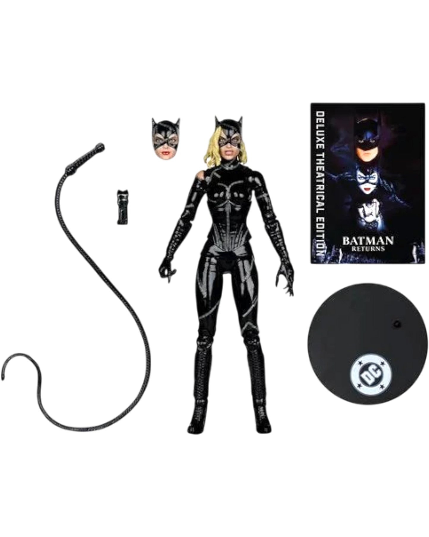 More Than Diecast Batman Returns battle damaged Catwoman action figure with whip, alternate head, and display base.