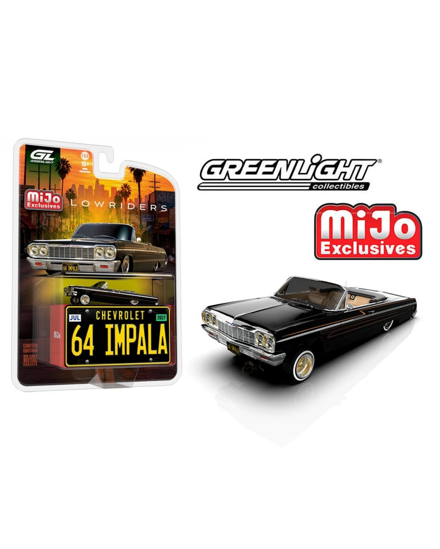 More Than Diecast 1:64 scale black 1964 Chevrolet Impala SS convertible lowrider model with mini metal license plate