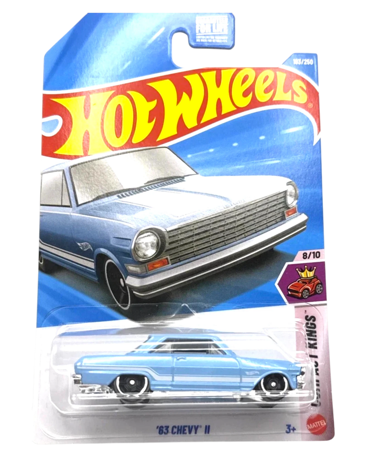 More Than Diecast Hot Wheels light blue 63 Chevy II die-cast car in original blister pack packaging