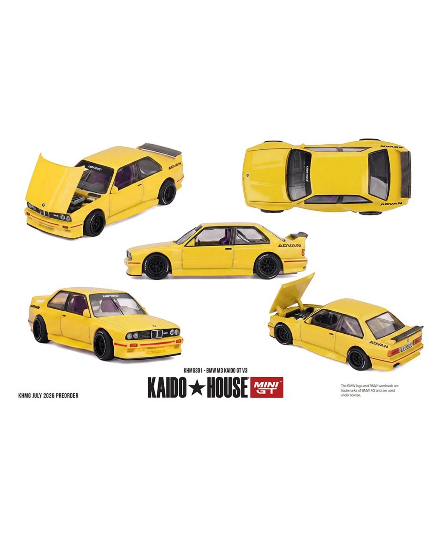 More Than Diecast Kaido House x Mini GT 1:64 BMW M3 Kaido GT V3 ADVAN diecast model car in bright yellow