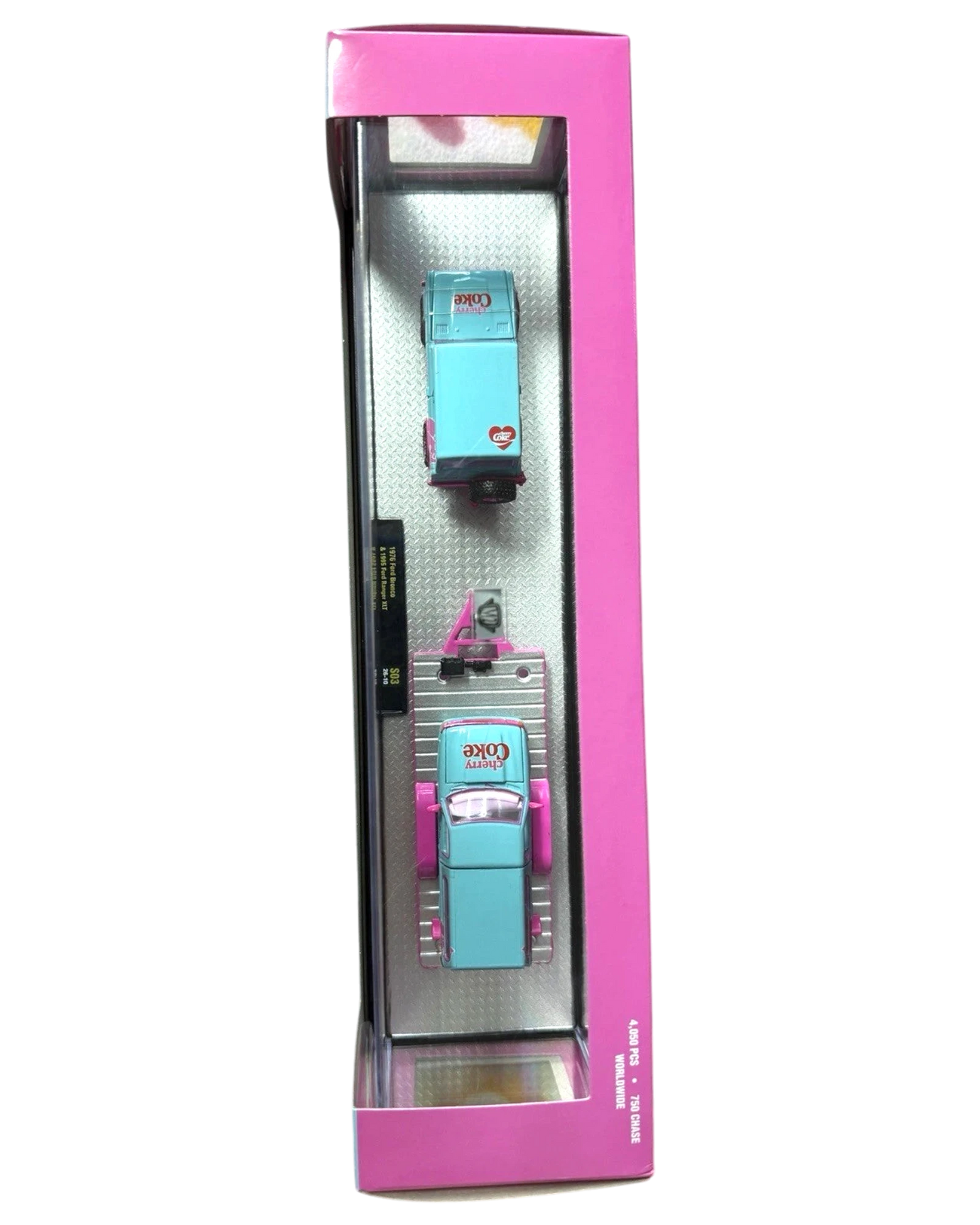 More Than Diecast M2 Machines 1:64 scale Cherry Coke set featuring a pink 1976 Ford Bronco and 1995 Ford Ranger XLT.