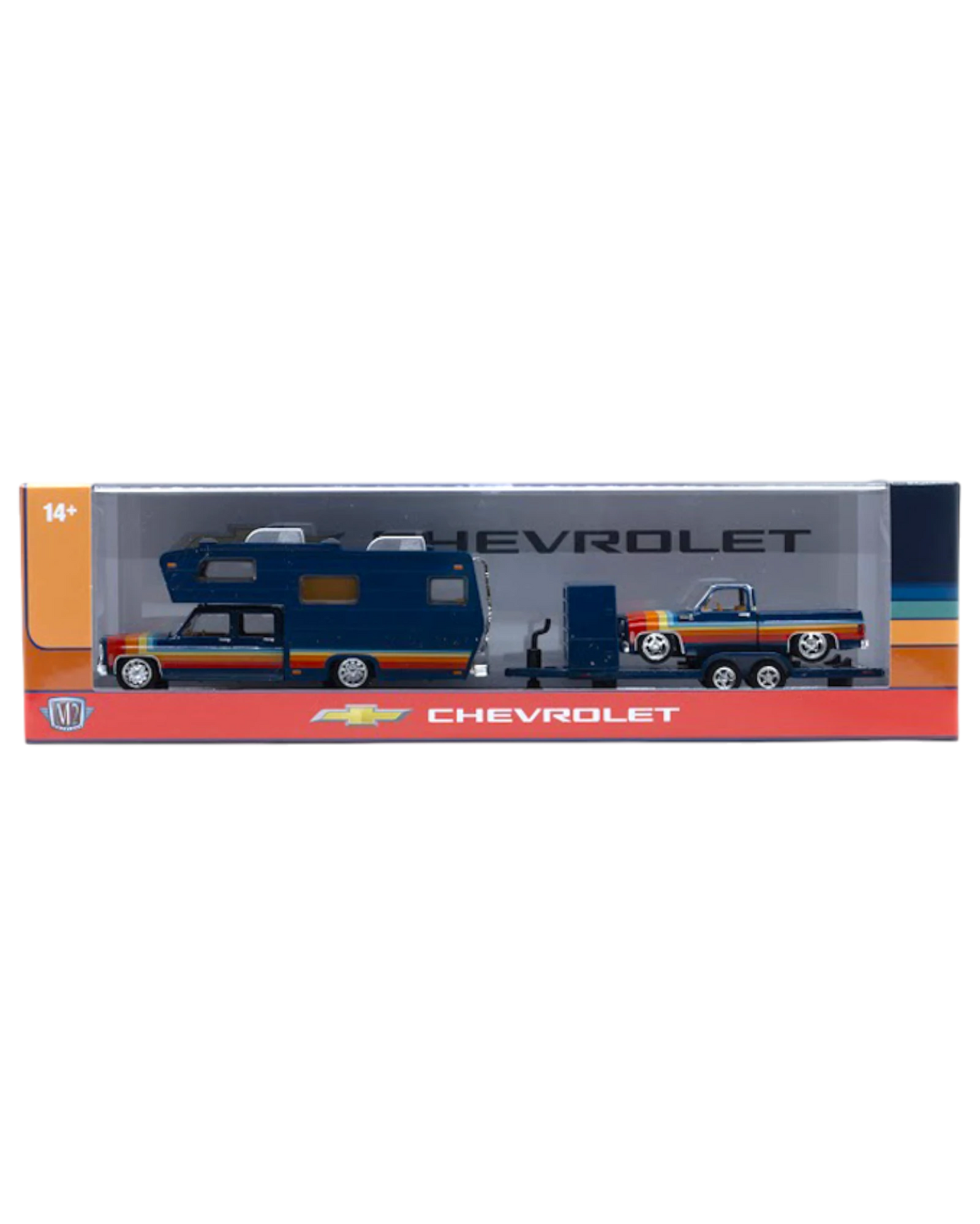 More Than Diecast M2 Machines 1:64 scale Chevrolet auto-hauler set with a blue camper truck and trailer