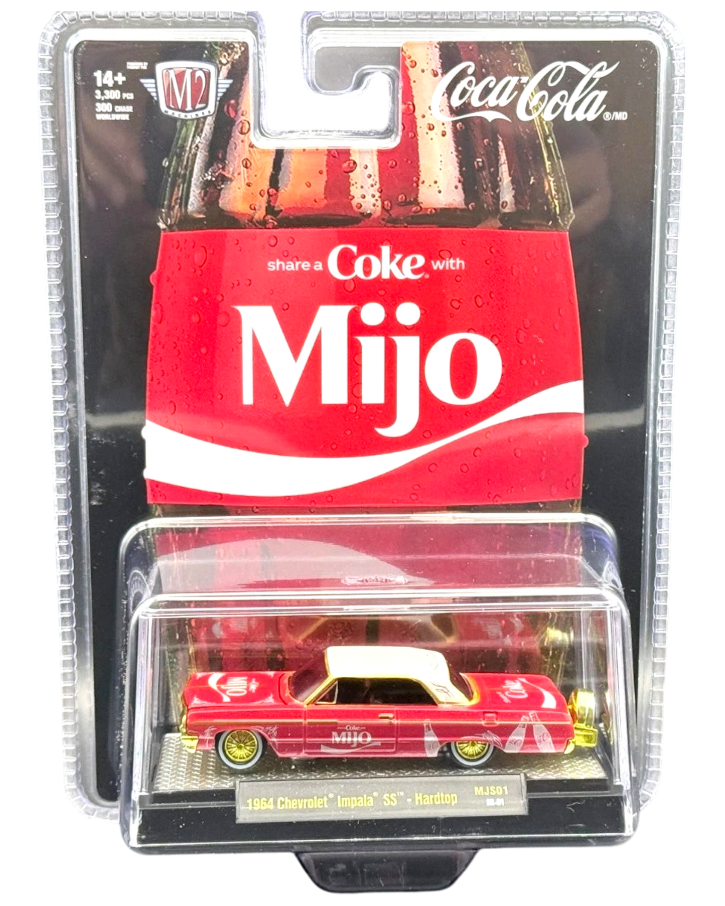 More Than Diecast 1:64 scale 1964 Chevrolet Impala SS lowrider in Coca-Cola red and white chase livery in packaging.