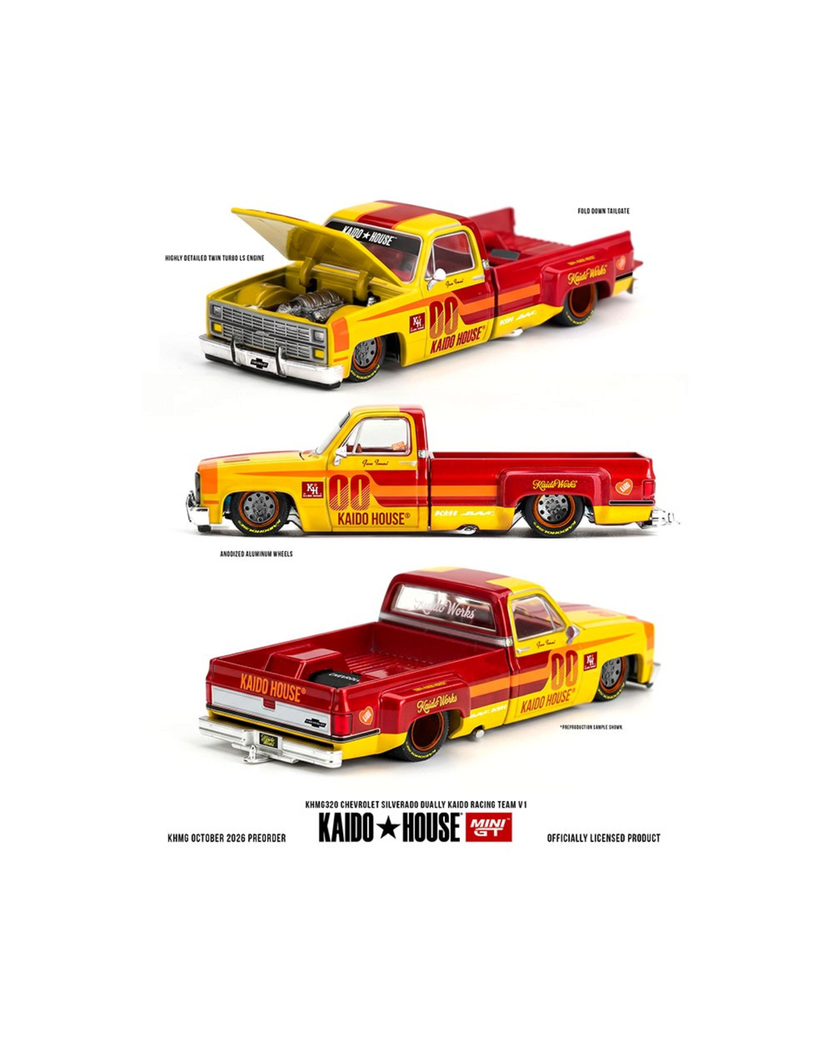 More Than Diecast Kaido House x Mini GT Chevrolet Silverado Dually in yellow and red Kaido Racing Team V1 livery