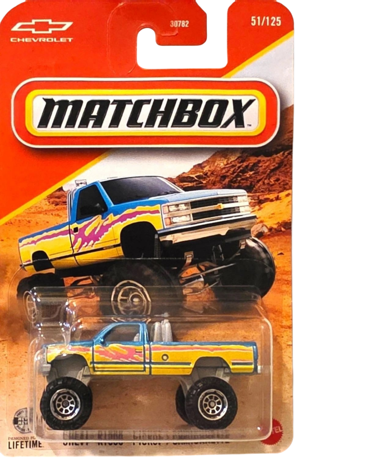 More Than Diecast Matchbox 2026 Chevy K1500 pickup truck die-cast toy with blue and yellow flame graphics