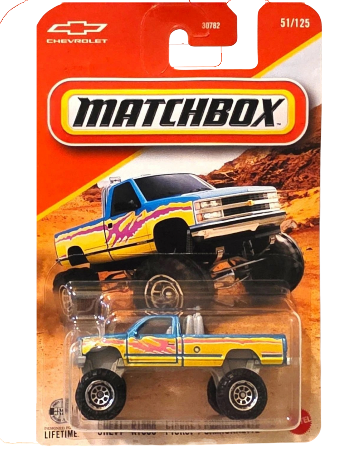 More Than Diecast Matchbox 2026 Chevy K1500 pickup truck in 1:64 scale with blue and yellow custom paint job.