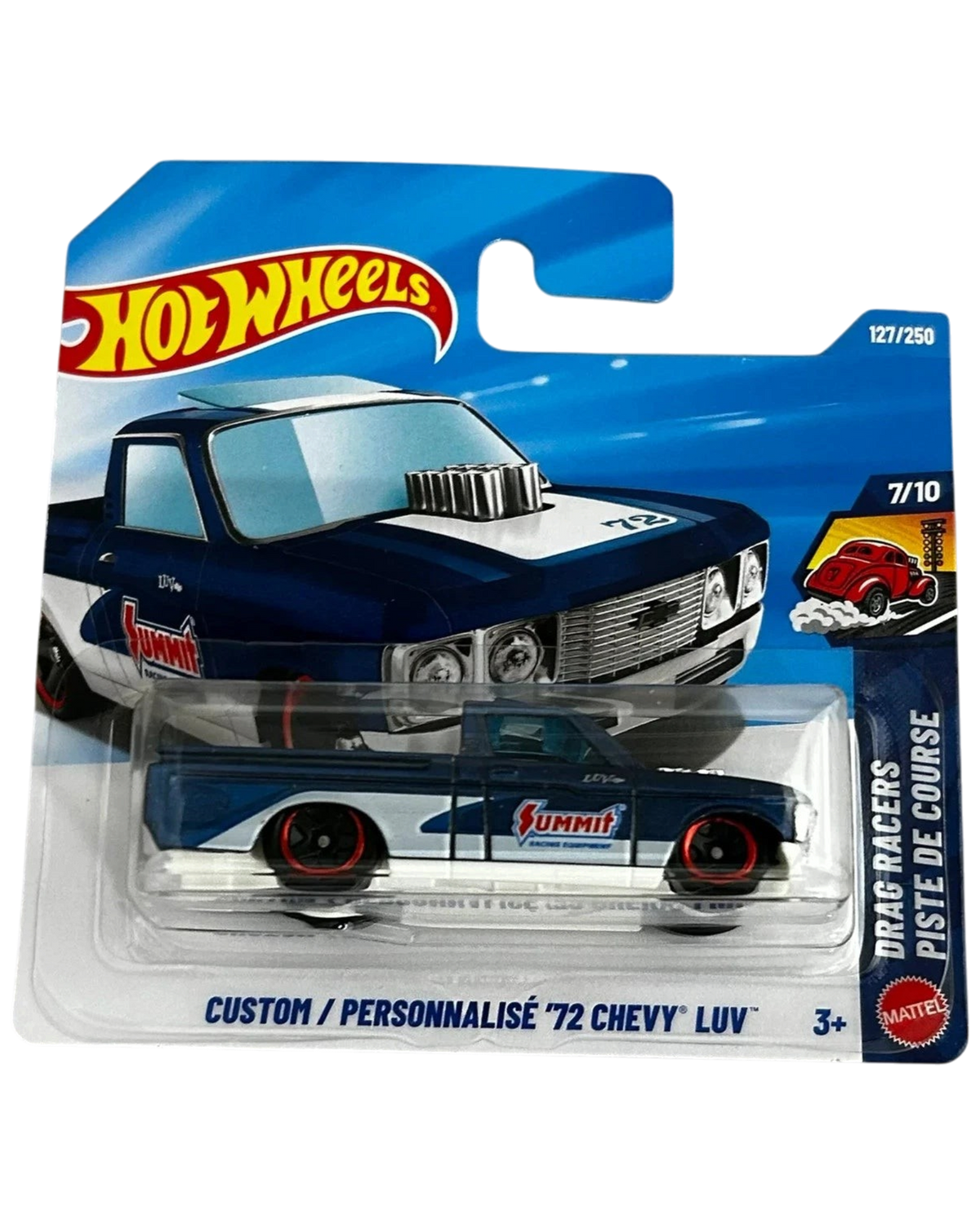 More Than Diecast Hot Wheels 1972 Chevy LUV die-cast truck in blue and white with Summit Racing branding on short card
