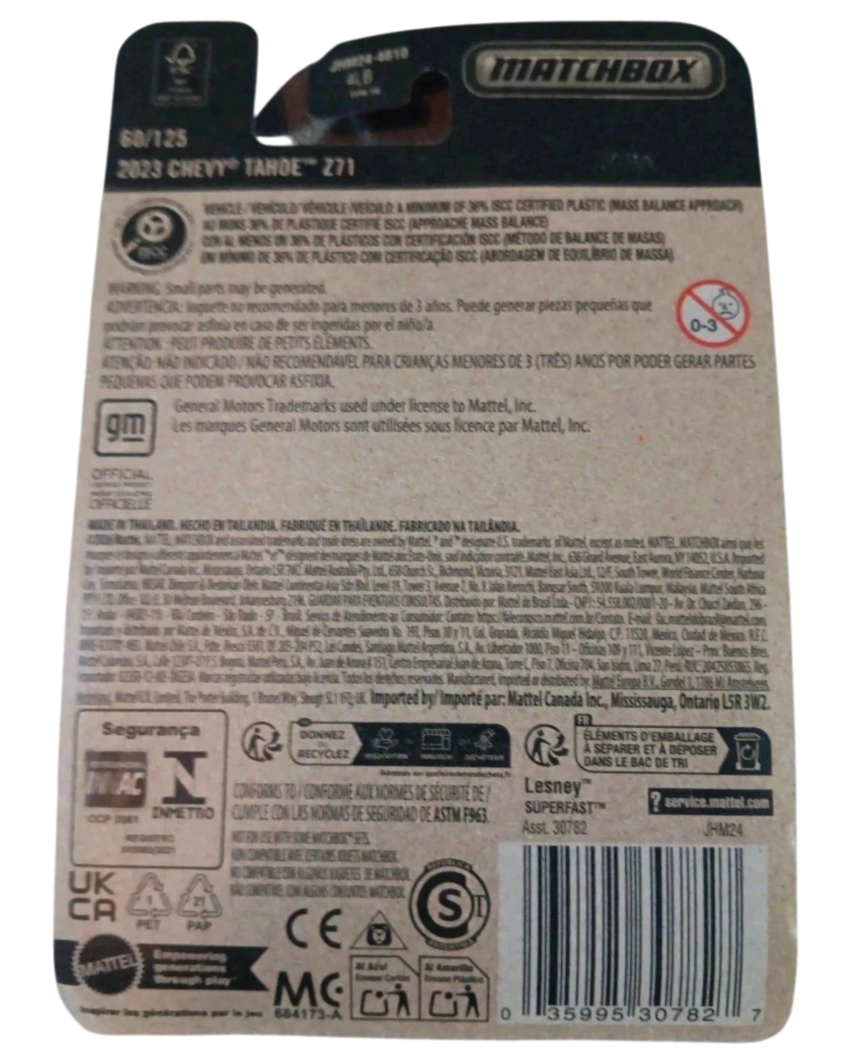 More Than Diecast Matchbox 2023 Chevy Tahoe Z71 packaging back showing product details and safety information