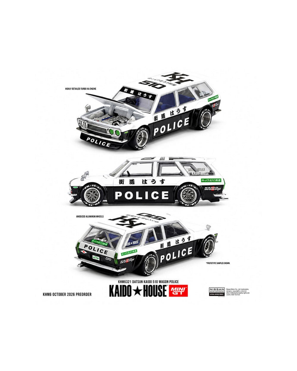 More Than Diecast Kaido House x Mini GT Datsun 510 Wagon Police model in black and white with detailed engine bay
