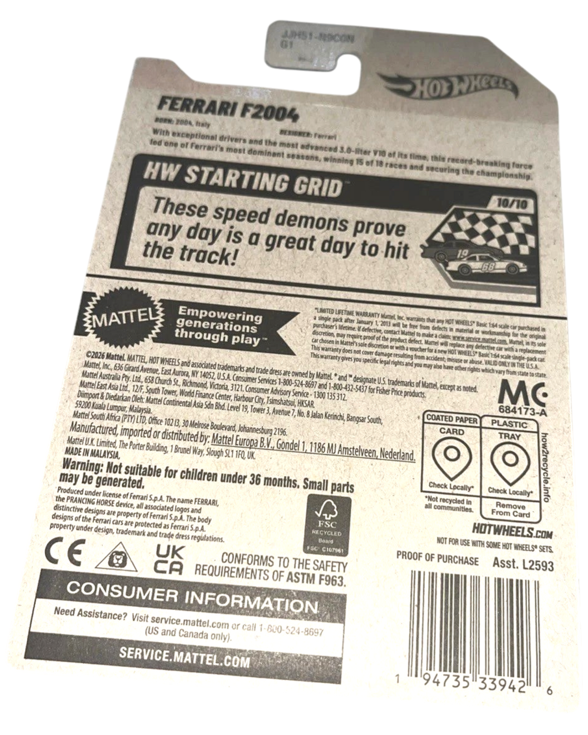 More Than Diecast Hot Wheels Ferrari F2004 blister card back with product information and safety warnings