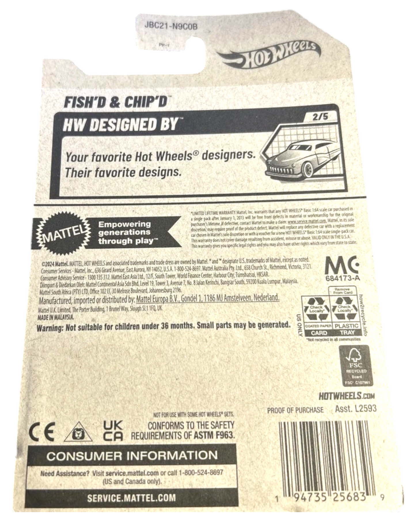 Back of More Than Diecast Hot Wheels Fish'd & Chip'd Treasure Hunt die-cast packaging with product information
