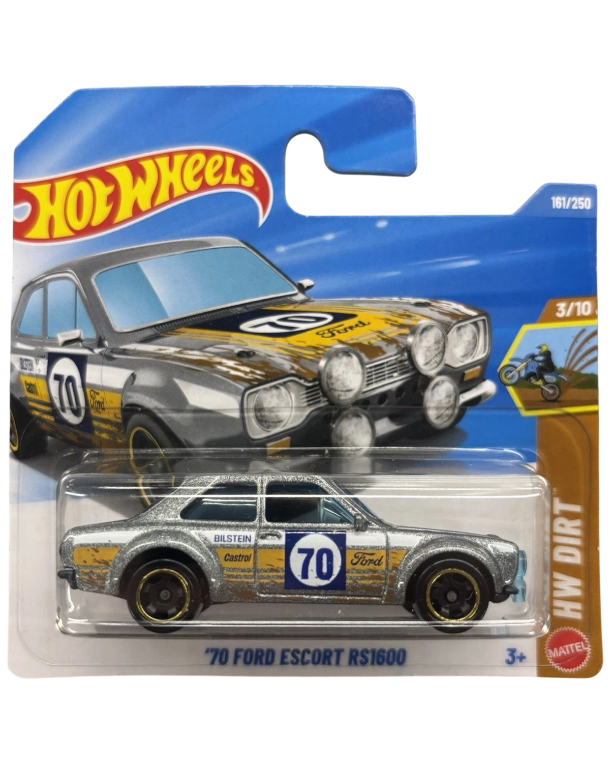More Than Diecast Hot Wheels '70 Ford Escort RS1600 in silver with rally livery in original blister packaging