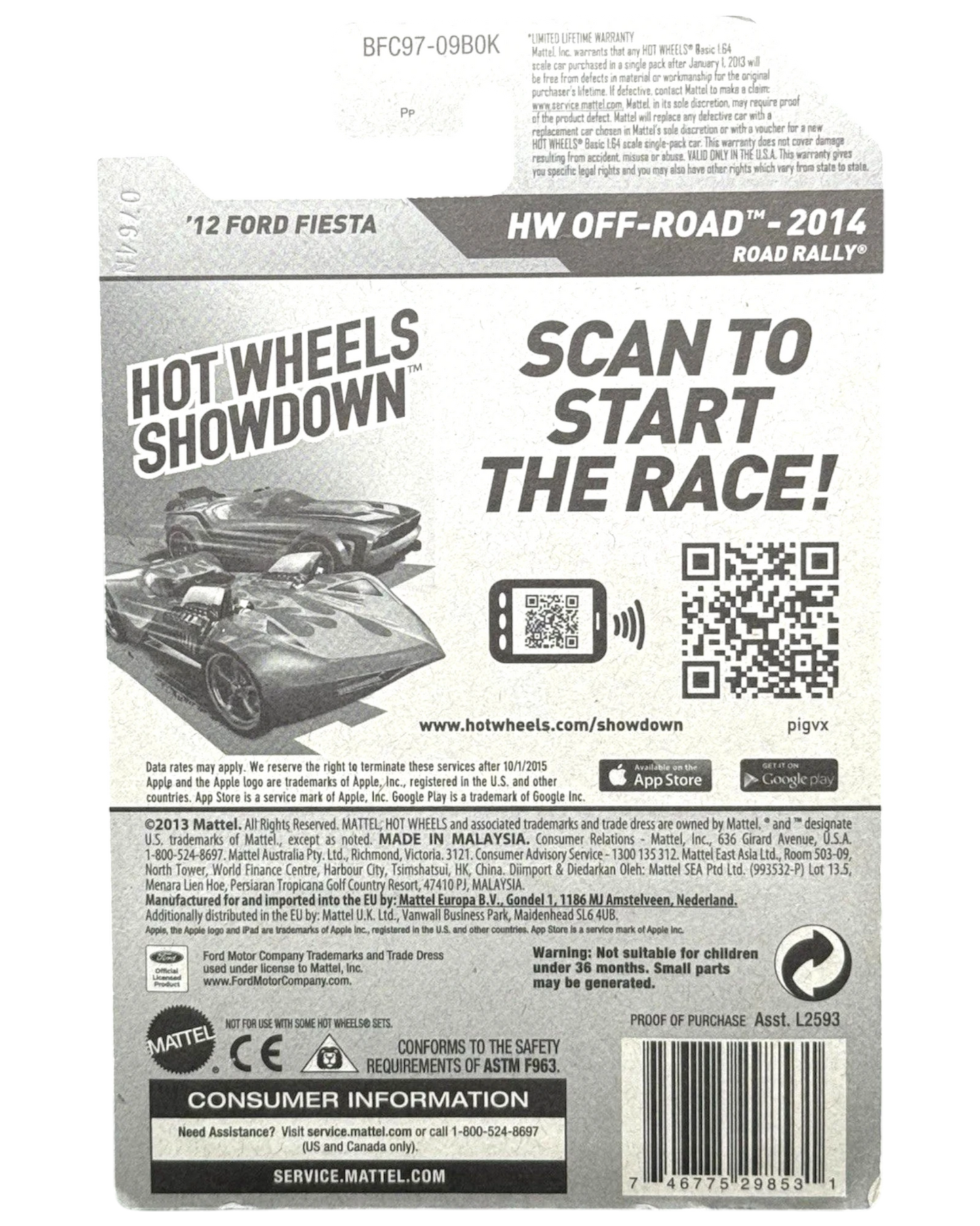 More Than Diecast Hot Wheels 2014 Ford Fiesta HW Off-Road card back with Showdown QR code and product details