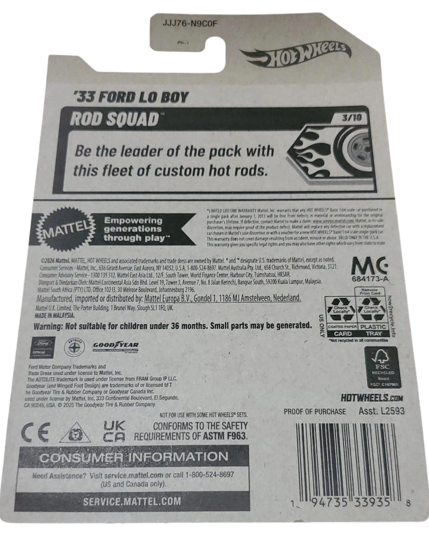 More Than Diecast Hot Wheels 33 Ford Lo Boy Rod Squad card back showing product details and safety information