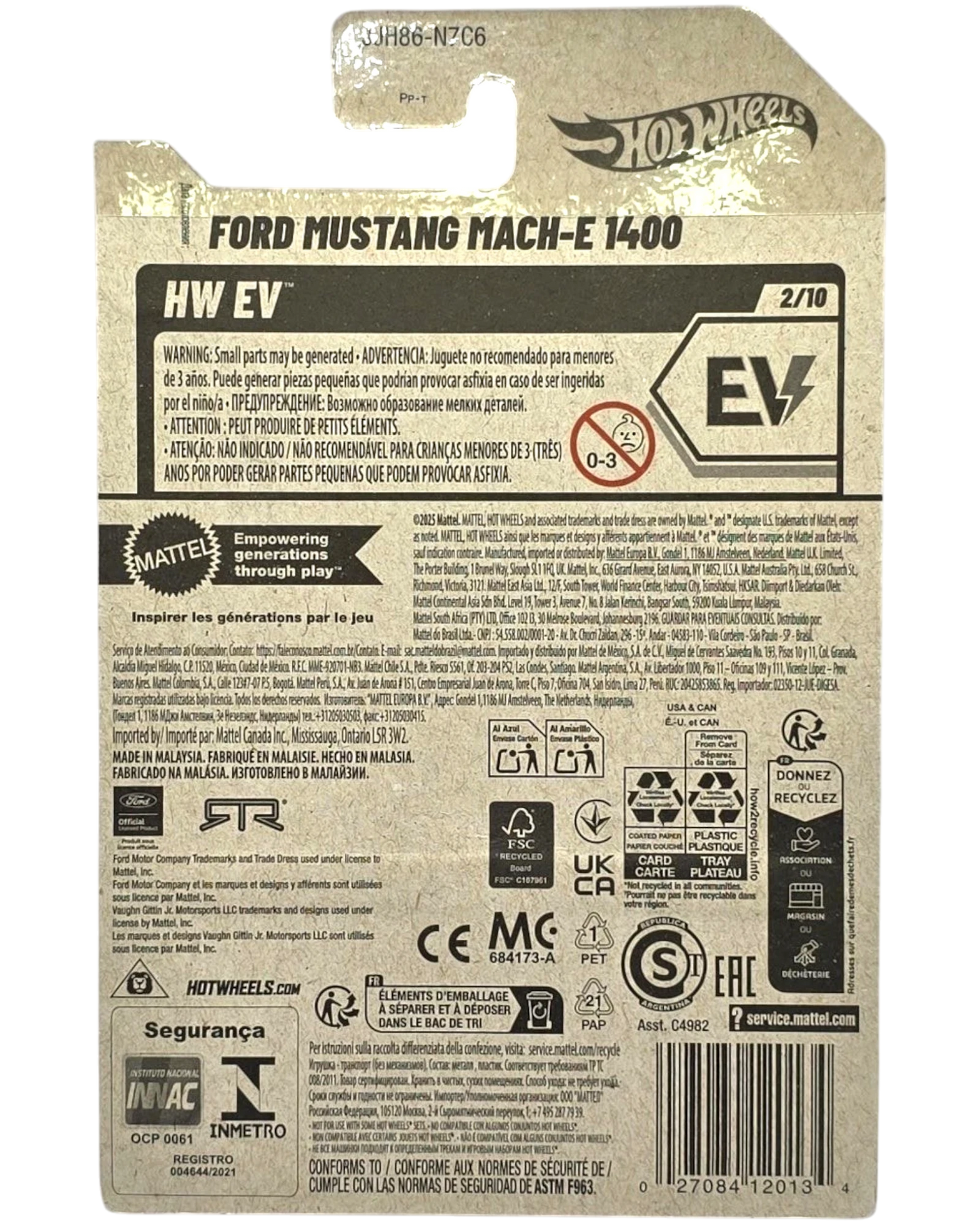More Than Diecast HW EV Ford Mustang Mach-E 1400 toy car packaging. Features warning text and recycling symbols.