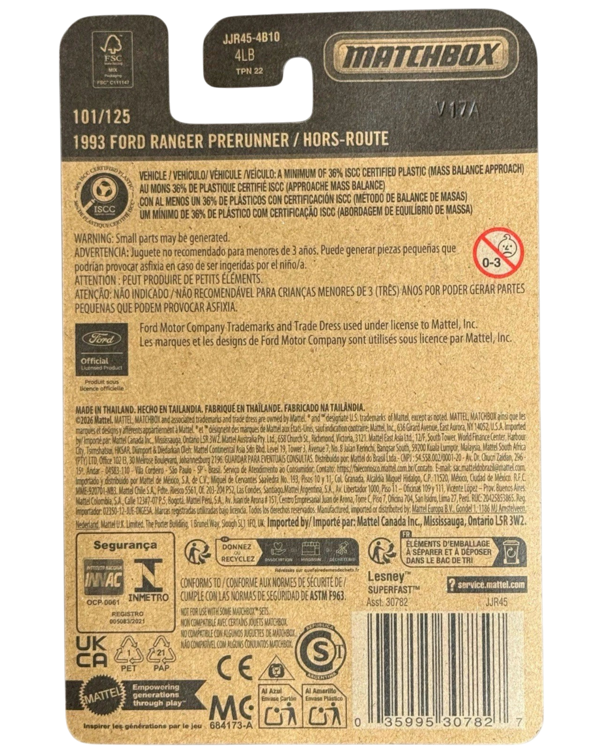 Back of More Than Diecast Matchbox 1993 Ford Ranger Prerunner packaging showing product details and safety warnings