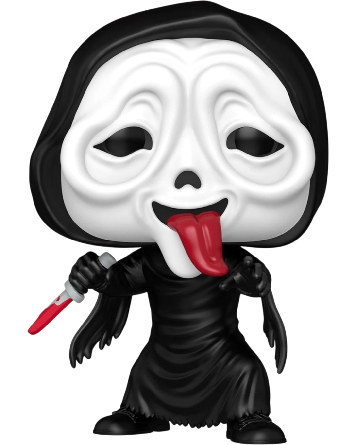 More Than Diecast Ghost Face with Tongue in Cheek Funko Pop! Vinyl Figure #2035, black robe, white mask, red tongue sticking out, holding bloody knife.