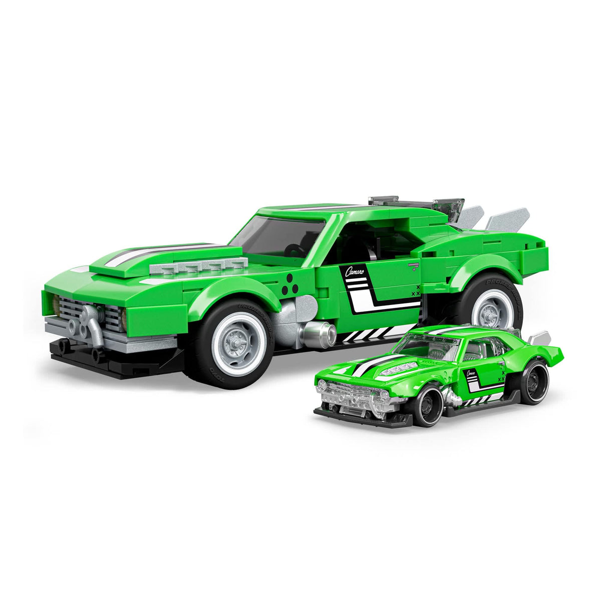 More Than Diecast Mattel Brick Shop green buildable 1:32 Custom 68 Camaro with matching 1:64 die-cast car model