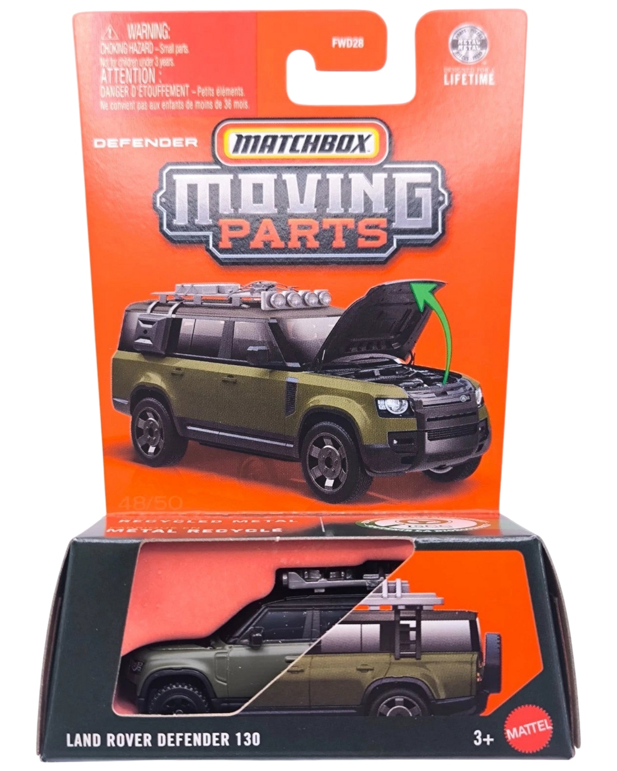 More Than Diecast Matchbox Land Rover Defender 130 in green, 1:64 scale die-cast model with moving hood feature.