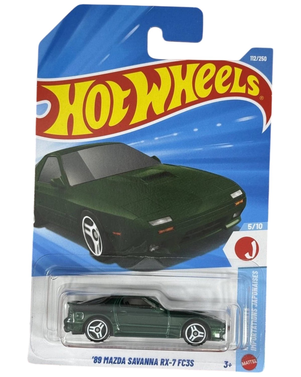 More Than Diecast Hot Wheels 89 Mazda Savanna RX-7 FC3S in green, 1:64 scale J-Imports collectible diecast car.