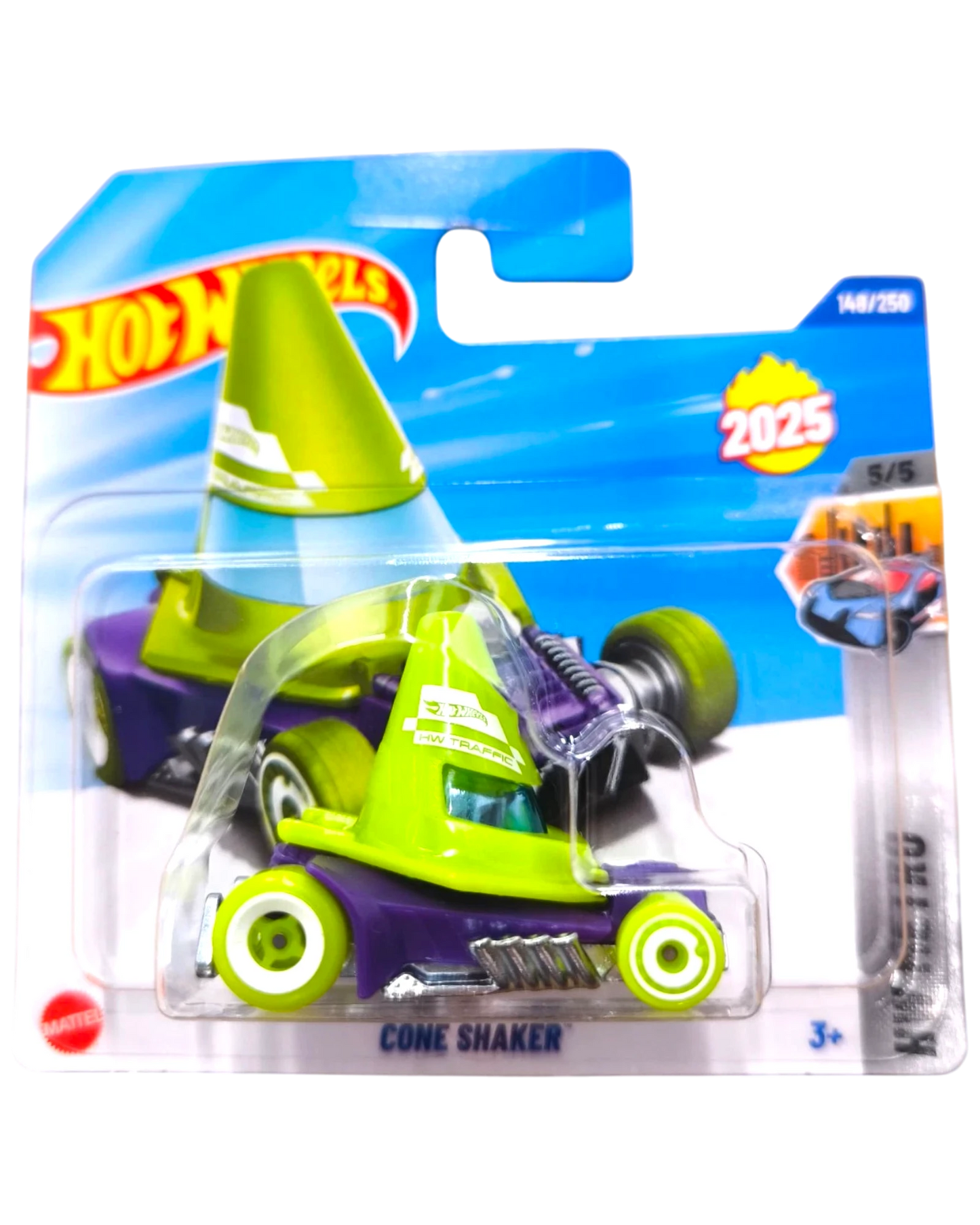 More Than Diecast green and purple Cone Shaker Hot Wheels toy car with cone-shaped roof.