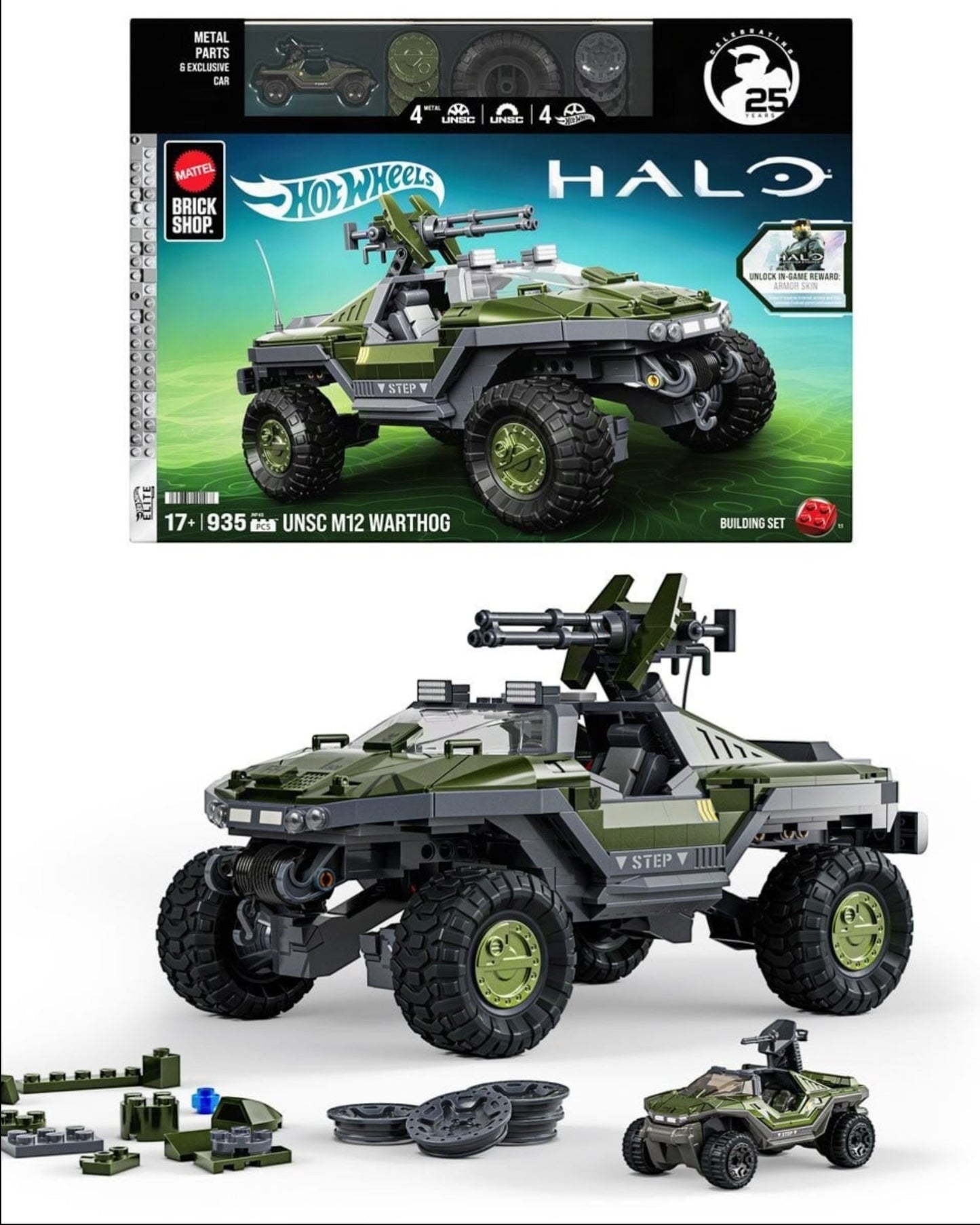 More Than Diecast Halo UNSC M12 Warthog 935-piece building set with die-cast car, swappable cannon, and wheel covers.