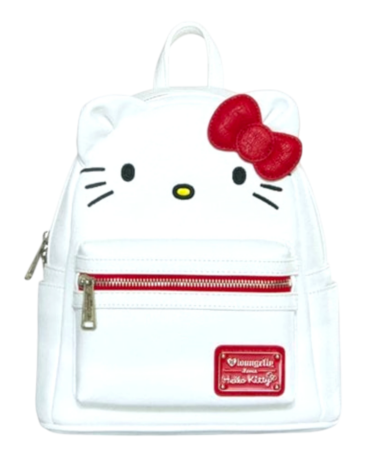 More Than Diecast white faux-leather mini-backpack with Hello Kitty big face and red bow design. Features zip pocket and side pockets.