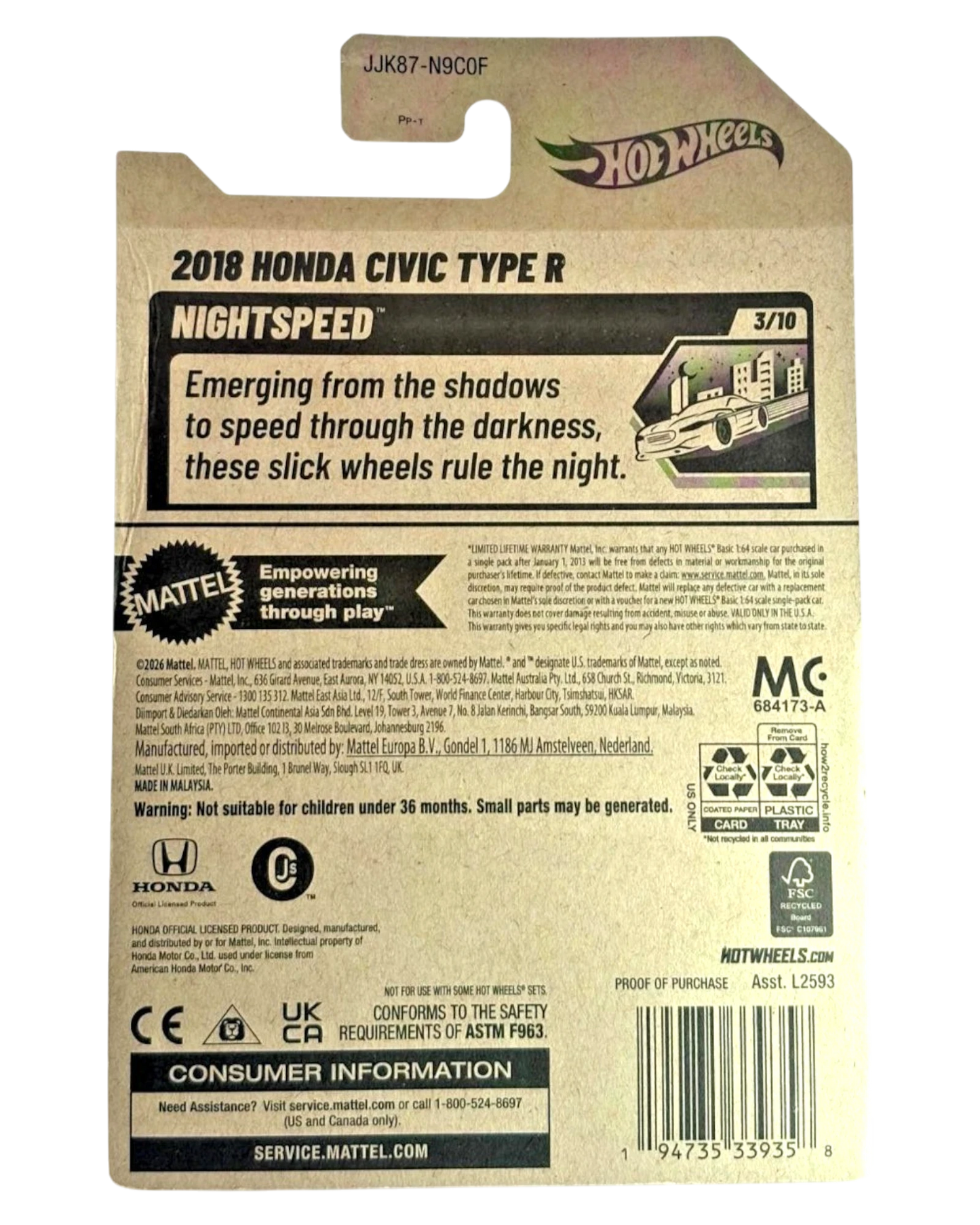 More Than Diecast 2026 Hot Wheels 2018 Honda Civic Type R card back with product details and branding