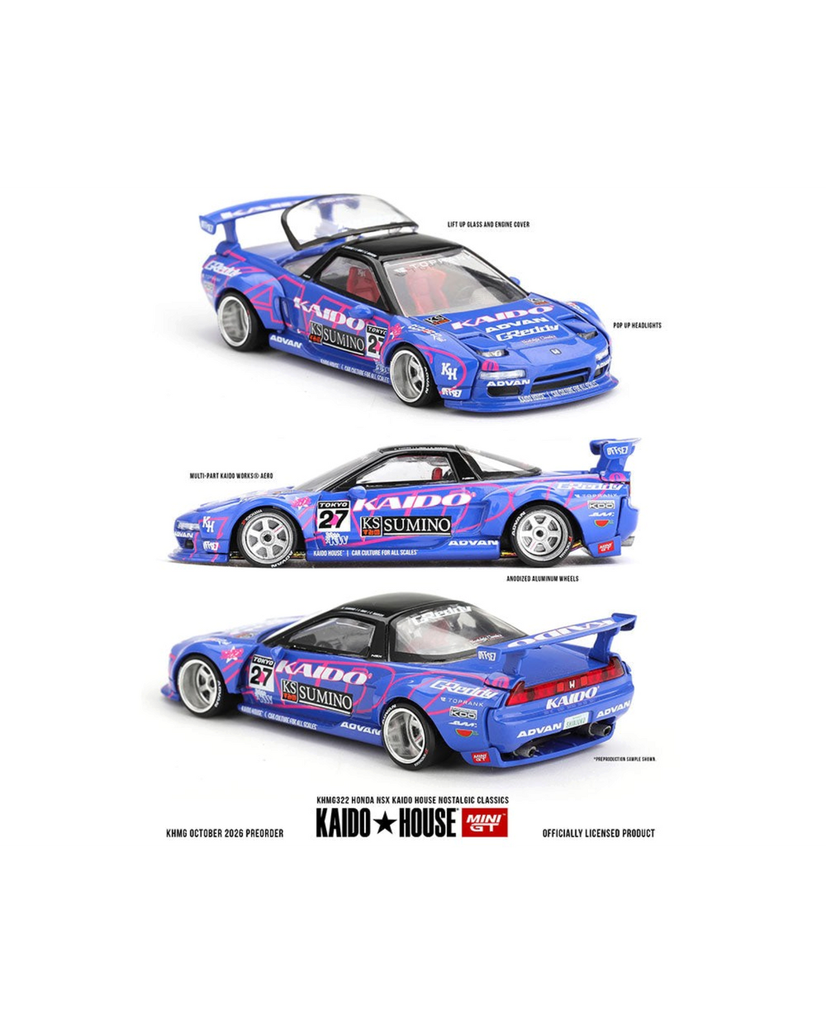 More Than Diecast Kaido House x Mini GT blue Honda NSX model car with custom racing decals and pop-up headlights.