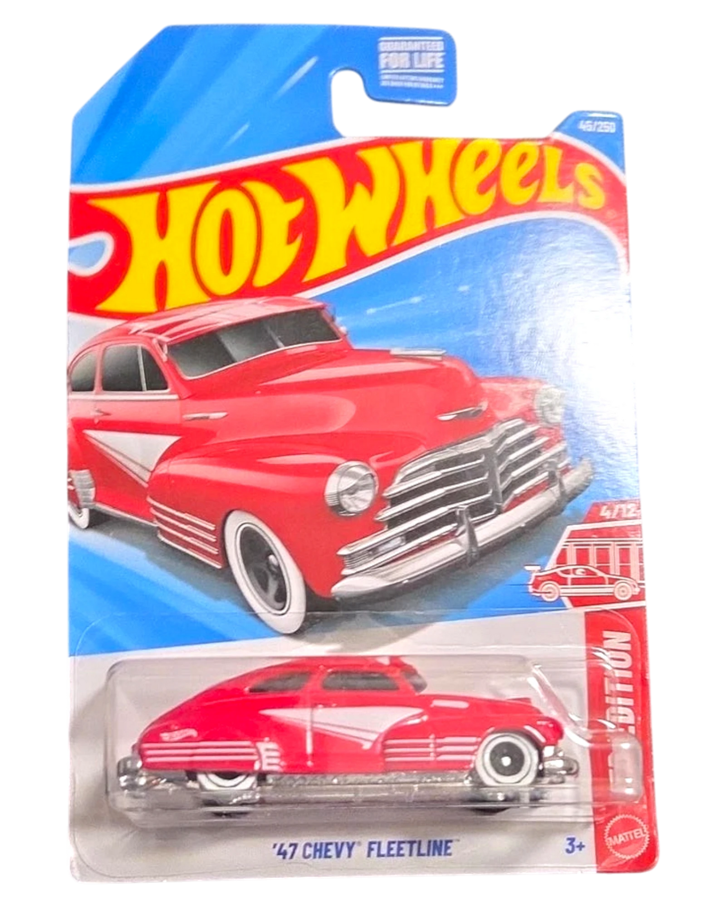 More Than Diecast Hot Wheels Red Edition 1947 Chevy Fleetline die-cast car in red with white wall tires on card