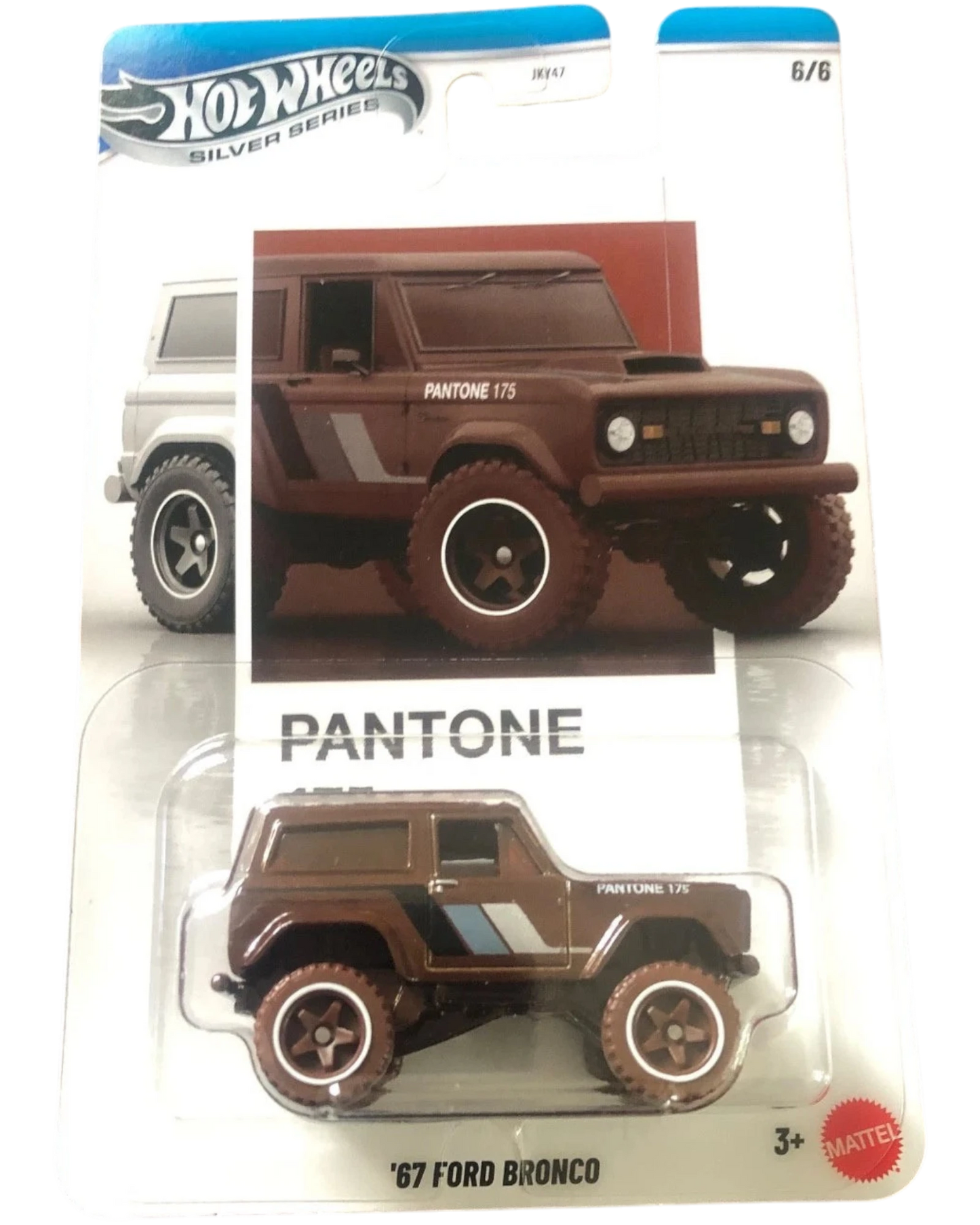 More Than Diecast Hot Wheels '67 Ford Bronco die-cast model car, brown with blue and grey stripes, 1:64 scale, Pantone Series 2 Chase 6/6.